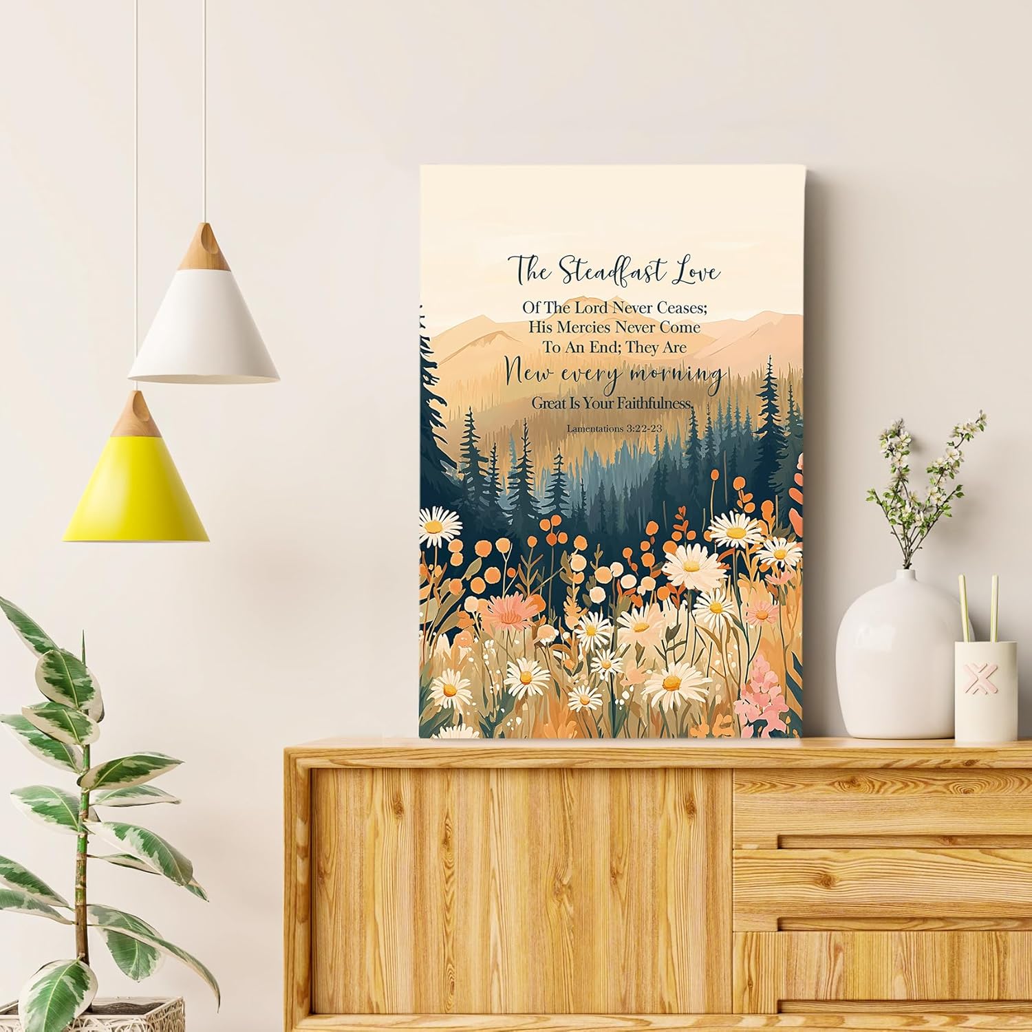 HIWX Christian Floral Wall Decor, Lamentations 3:22-23 Woodland Forest Wildflowers Framed Canvas Painting Wall Art Decor, Bible Verse Wall Art Home Decoration for Home Bedroom Church 16x24