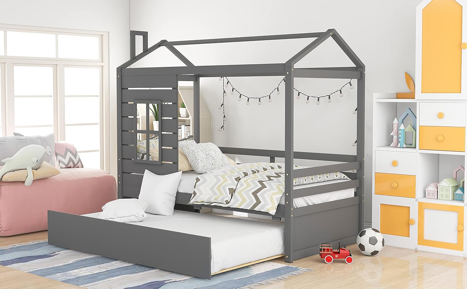 RUNNA Wood House Bed with Trundle Bed, Twin Size Wooden Bed Frame with Roof/Window/Guardrail for Kids, Teens, Girls, Boys, Children House Bed Frame Can Be Decorated (Gray+Trundle)