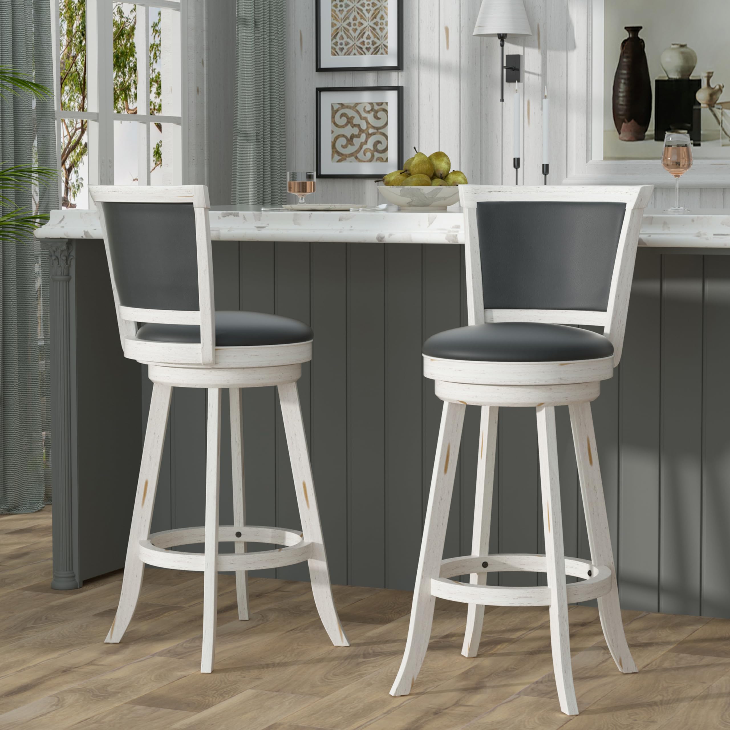 Betterhood 29" Bar Height Swivel Stools, High Back Swivel Bar Stools with Faux Leather Upholstered Seat & Solid Wood Footrest, Counter Bar Chairs for Kitchen Island & Pub (Antique White, Set of 2)