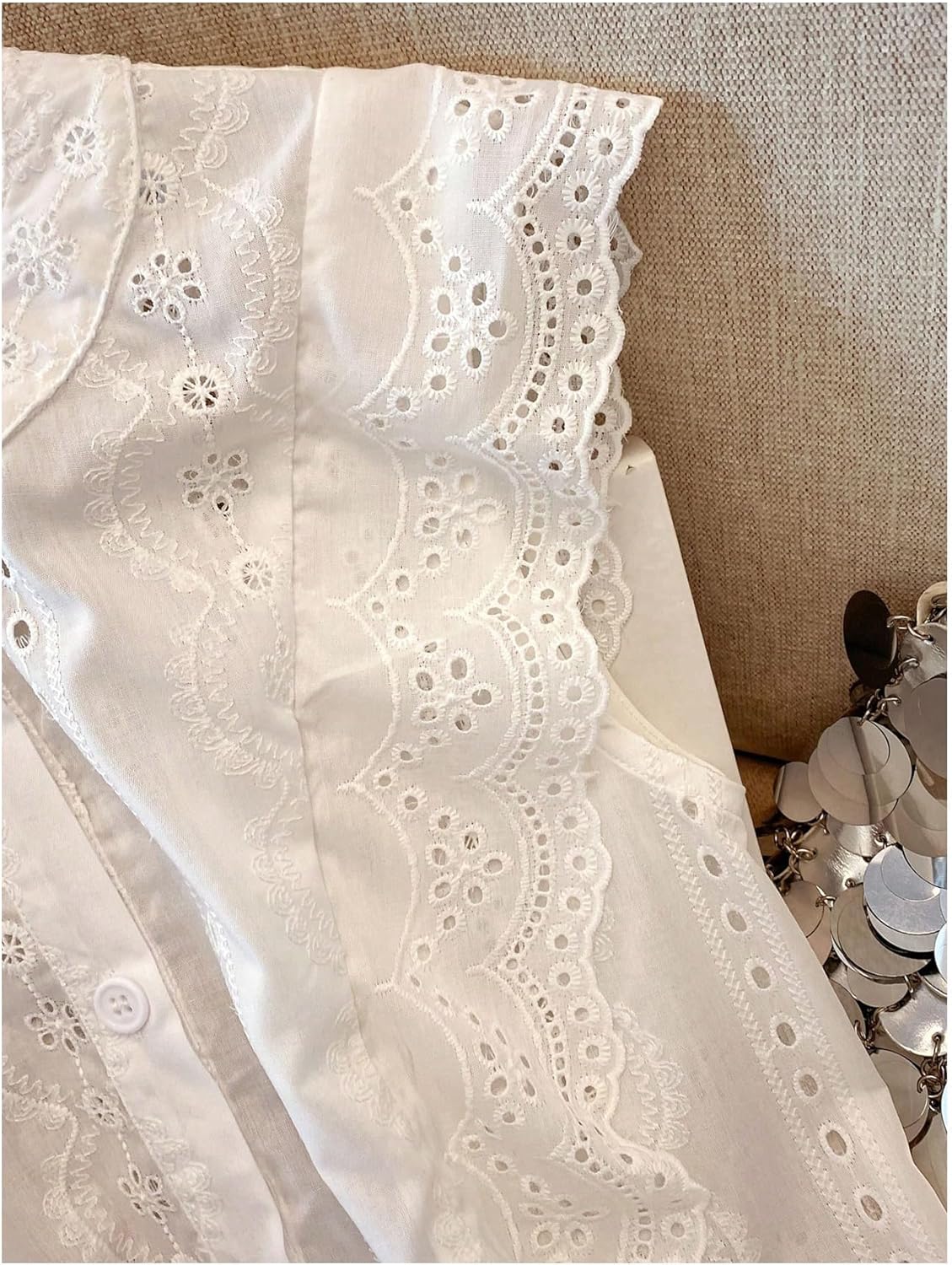 GORGLITTER Women's Cap Sleeve Ruffle Tops Button Down Eyelet Embroidered Business Casual Work Blouse Shirt White Large - Image 6