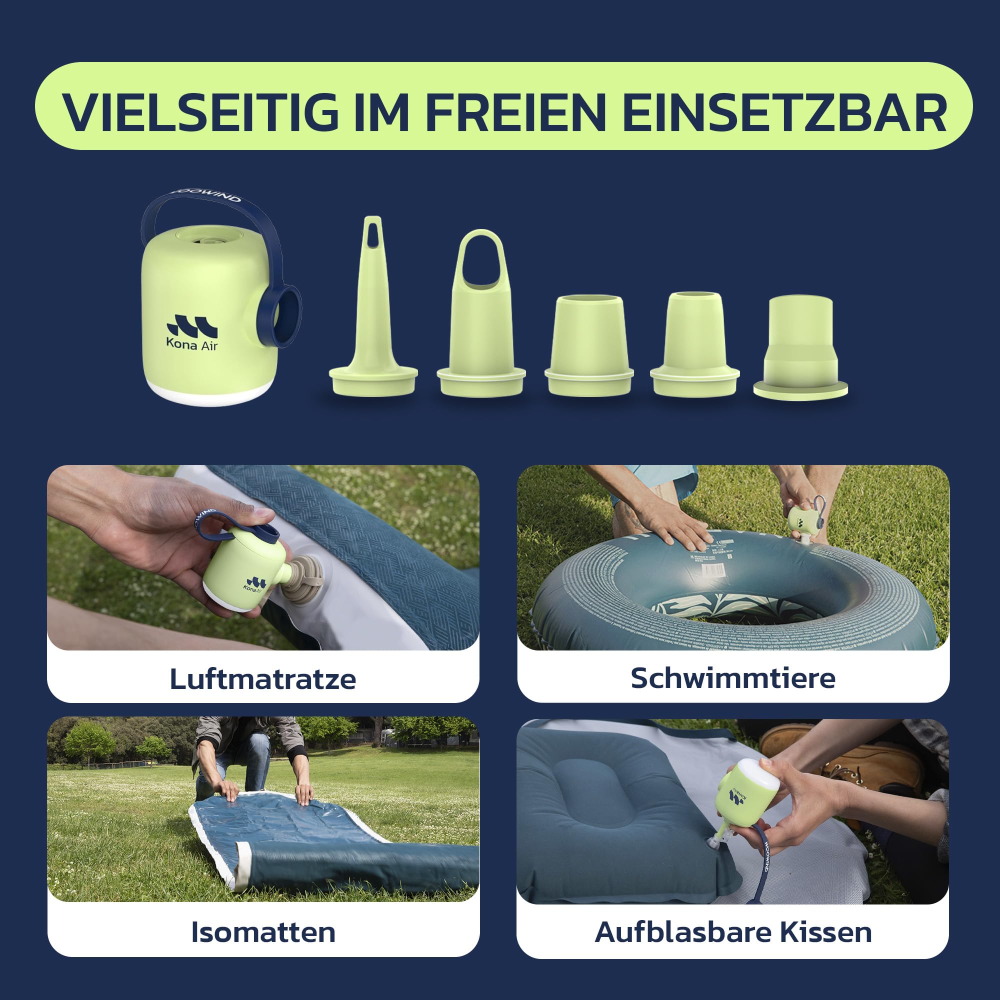 Woowind Kona Air Elektrische Luftbettpumpe, Kabellose Luftmatratzenpumpe für Schwimmreifen, Schwimmringe, Luftbetten, Luftsofas, Winzige Tragbare Ultra-Mini-Luftpumpe, Wiederaufladbarer Akku