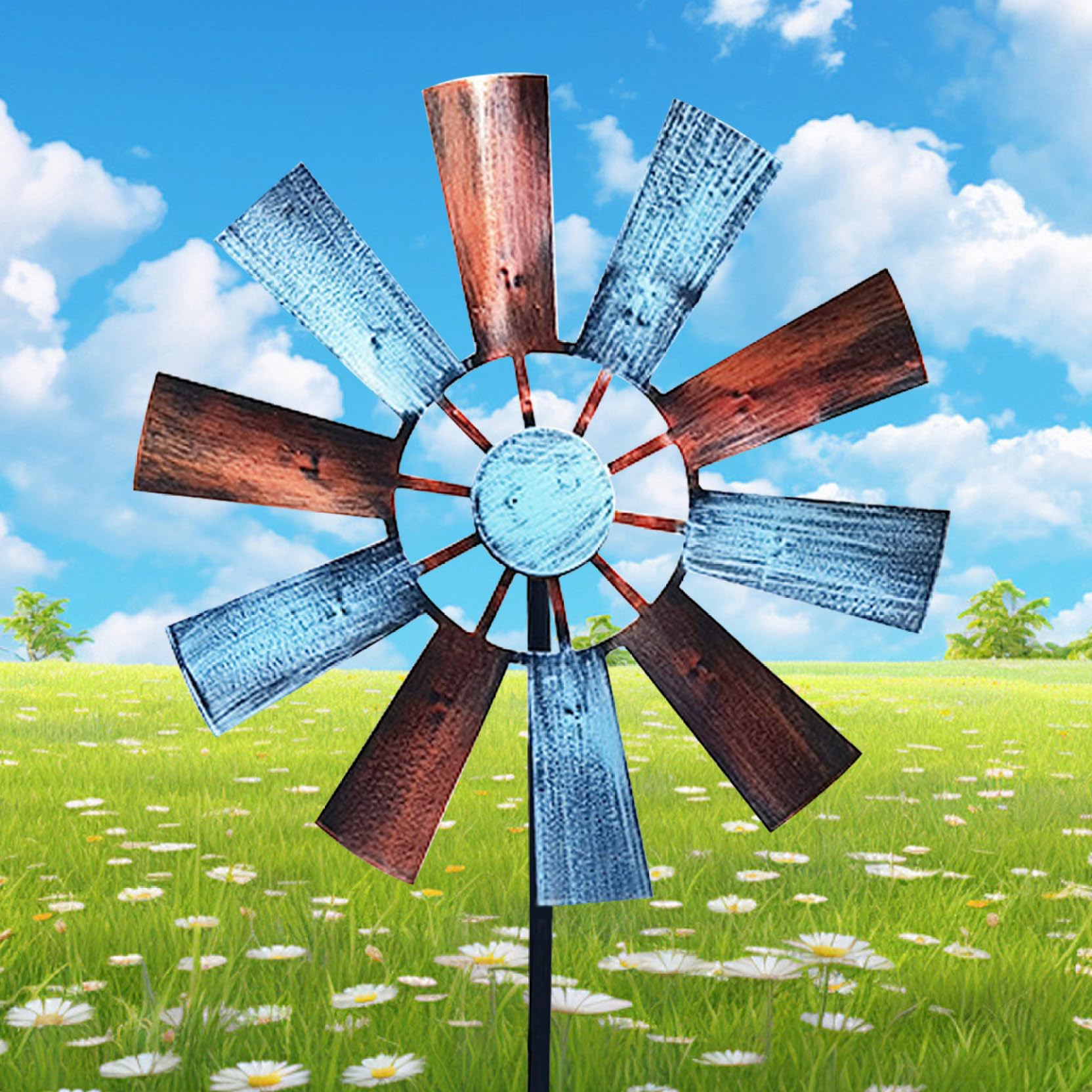 Molino de viento para patio, 28.7x9.5 metal de arte de patio de metal, hilanderos de patio de estaca de metal al aire libre, multicolor de energía solar con molinos de viento de spinner de escultura