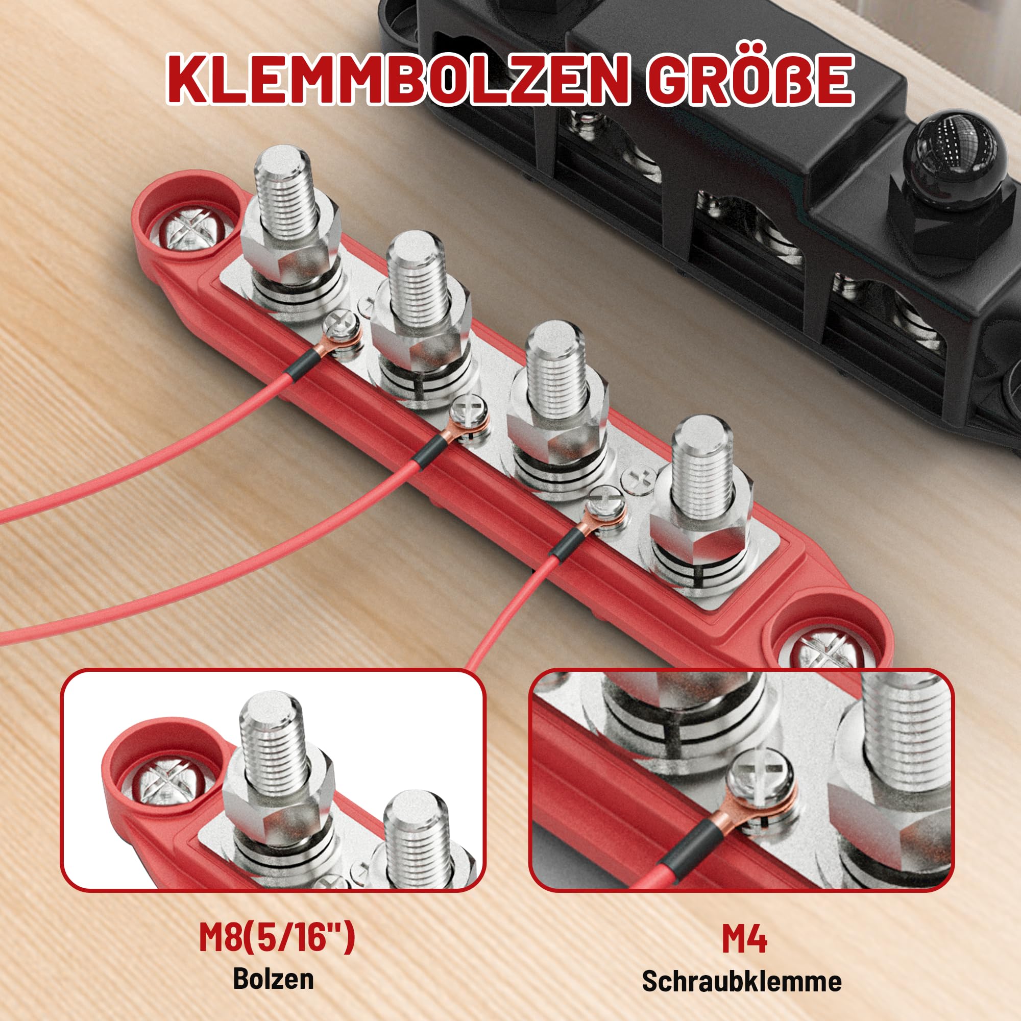RED WOLF 150A Sammelschienen Verteilerblock 12V-48V DC, Verteilerschiene mit 4x M8 & 3x M4 Klemmenbolzen für Auto Marine RV Wohnmobil Lkw Elektrik System Positive Masse Stromverteilungsblock Busbar