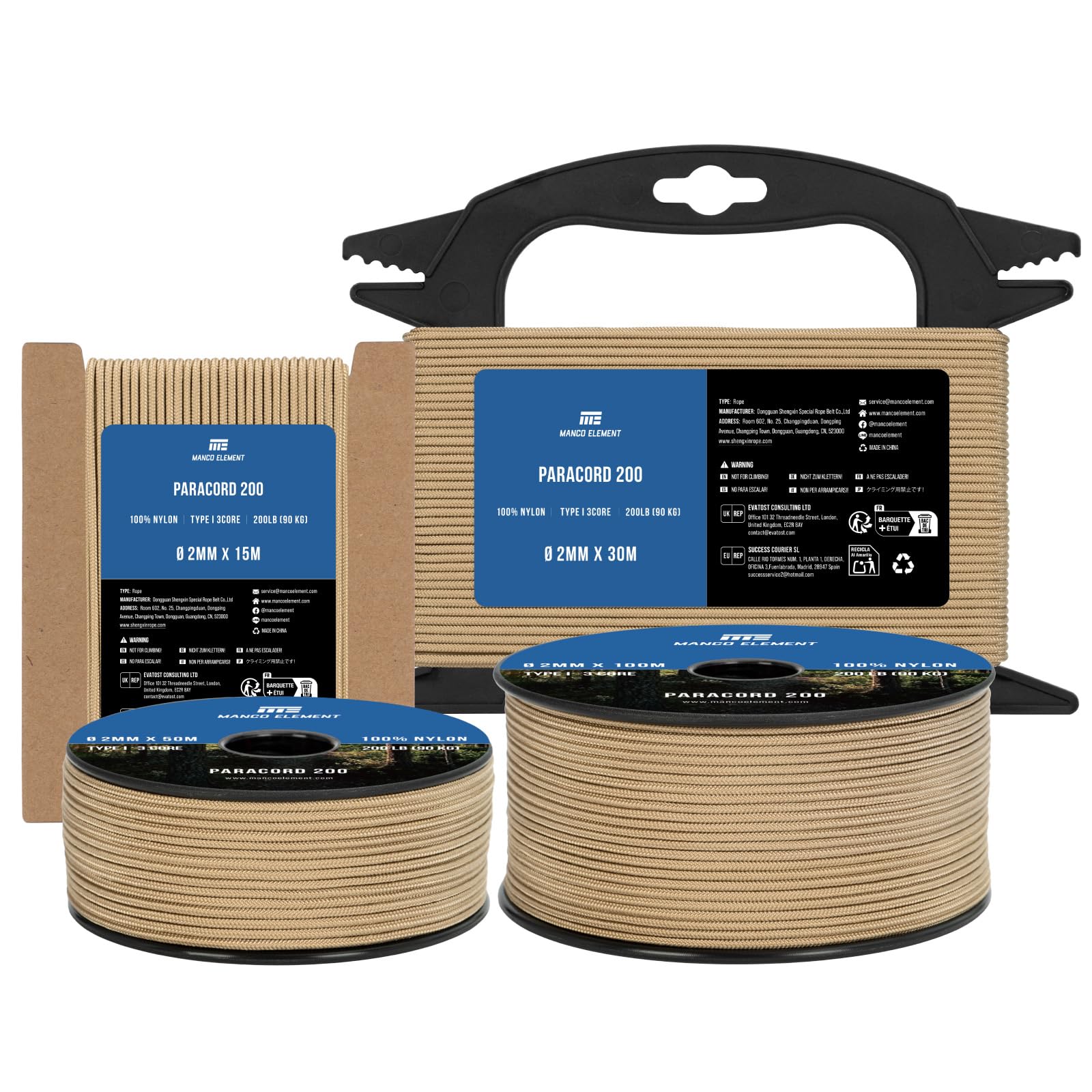 Manco Element Paracord 2mm 15m 3 Strands Type I Tan | 100% Nylon Parachute Cord Rope | 90KG Load Capacity - Ideal for DIY, Crafting, Outdoor, Camping
