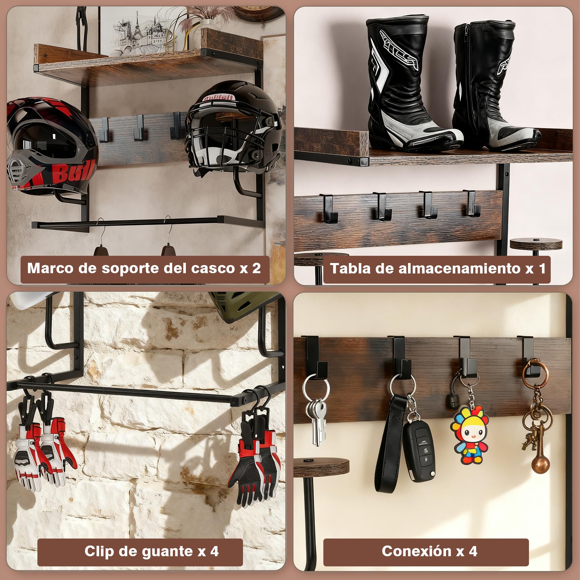 Soporte para Casco de Motocicleta, Organizador de Equipos para Moto, Anclaje Flotante con 4 Unidades de Ganchos para Montaje en Pared