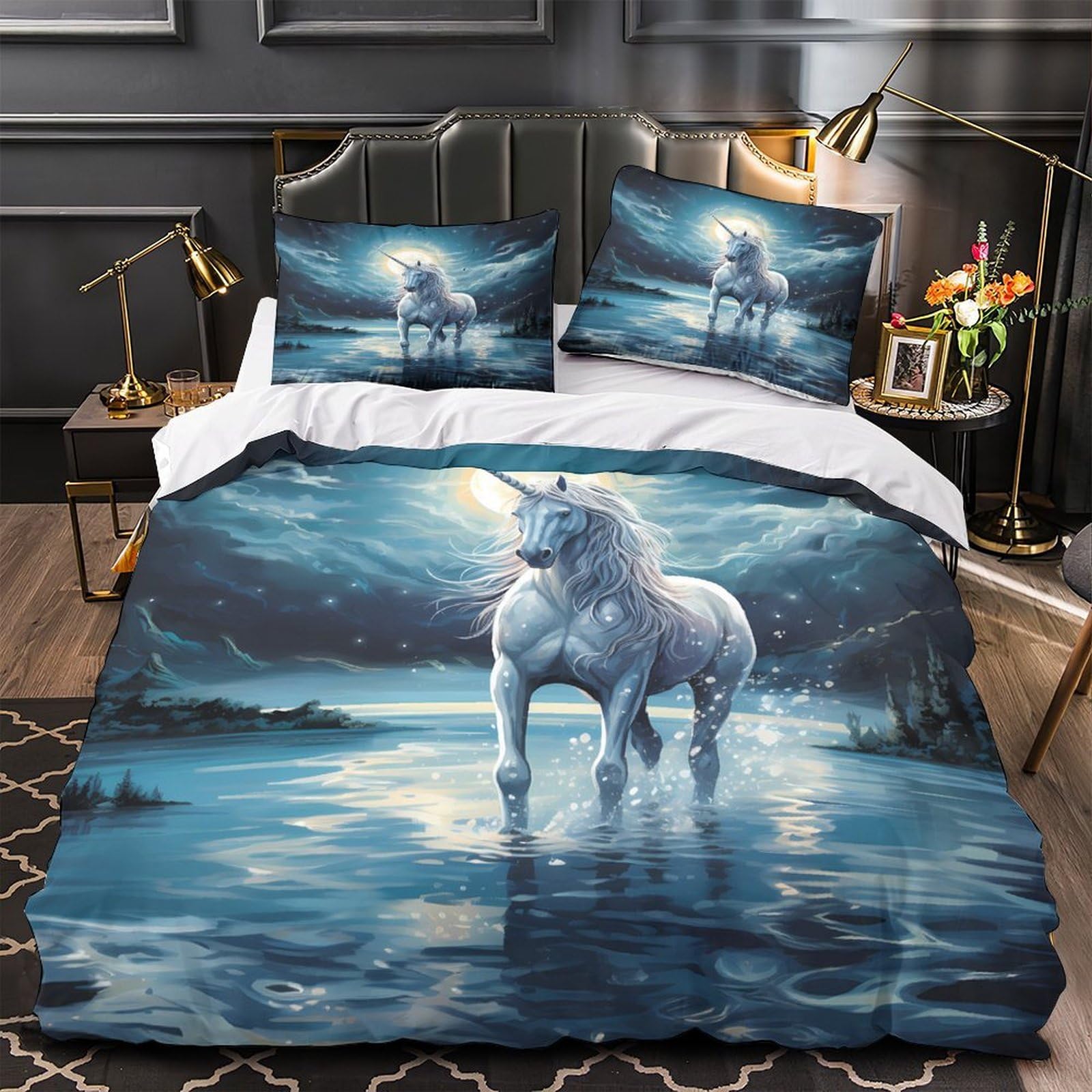 Fantasia di unicorno Impressione 3D 3 pz fodera per edredone Arte di creature mitiche coperteletto microfibra ipoallergenica antiacari per ragazzi uomini adulti Super king（260x220cm）