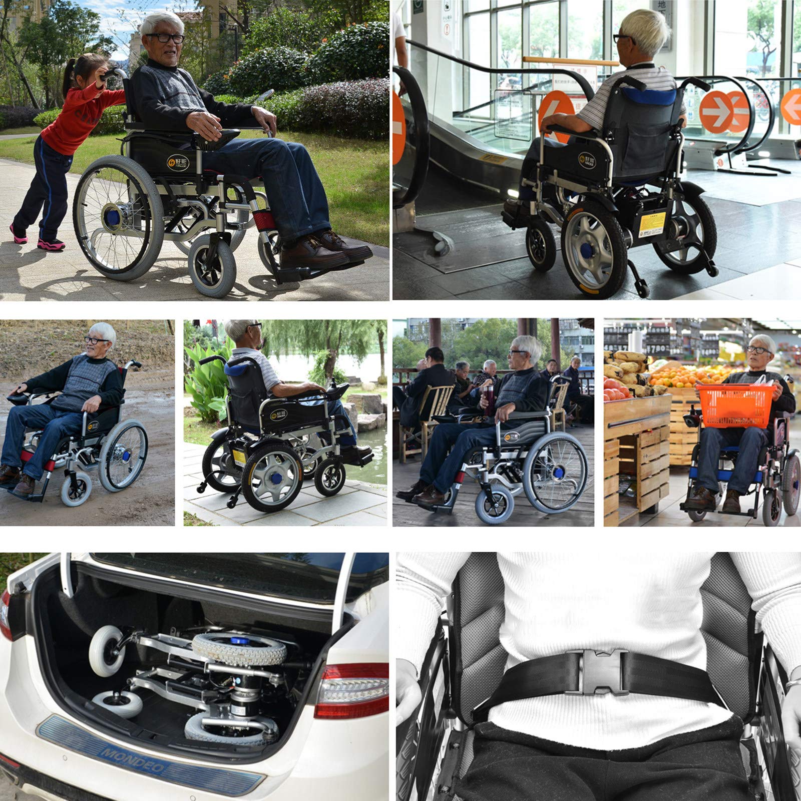 Elektryczny wózek inwalidzki przenośny składany terenowy z podwójnym silnikiem 500 W, nośność 100 kg, tylne koła 73.2 cm, sterowanie joystickiem 360°, ręczny przełącznik elektryczny