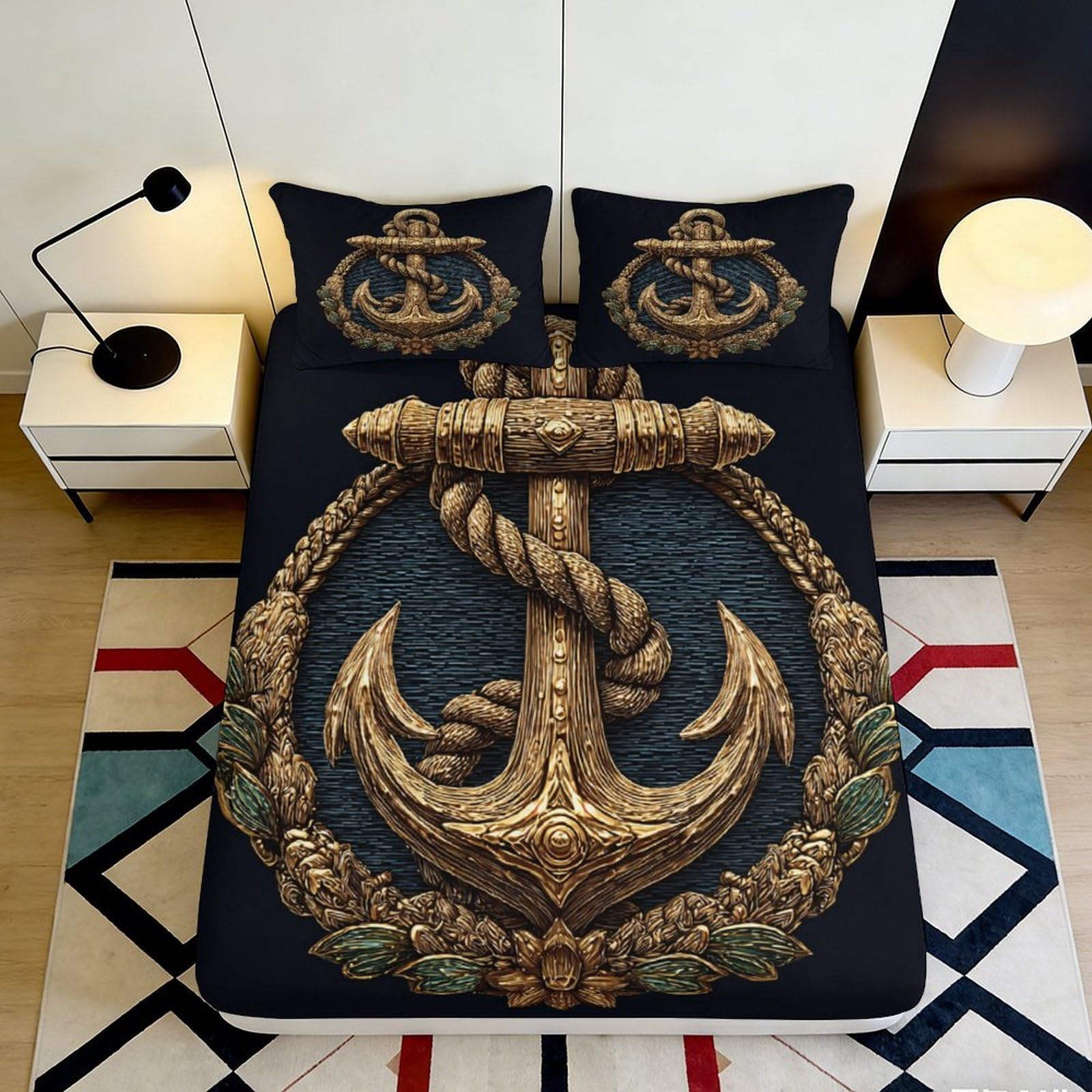 Pnayamiorkfel Style-9 3D Printed Nautical Anchor Fitted Sheet Microfiber Soft Bed Cover Rope Wreath Design For Bedroom Dorm Mattress Protection Decor 90X200x25cm