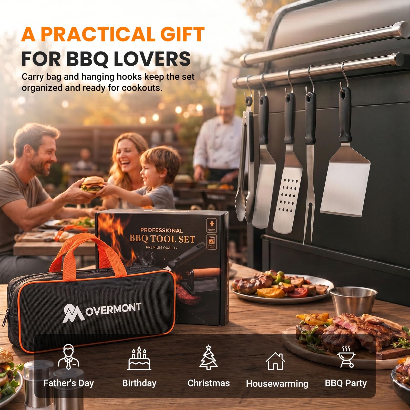 OVERMONT Grillbesteck Set 31-teilig Edelstahl Grillspachtel - Smash Burger Geschenkset mit Grillspachtel Burgerpresse - für Indoor und Outdoor Küche BBQ