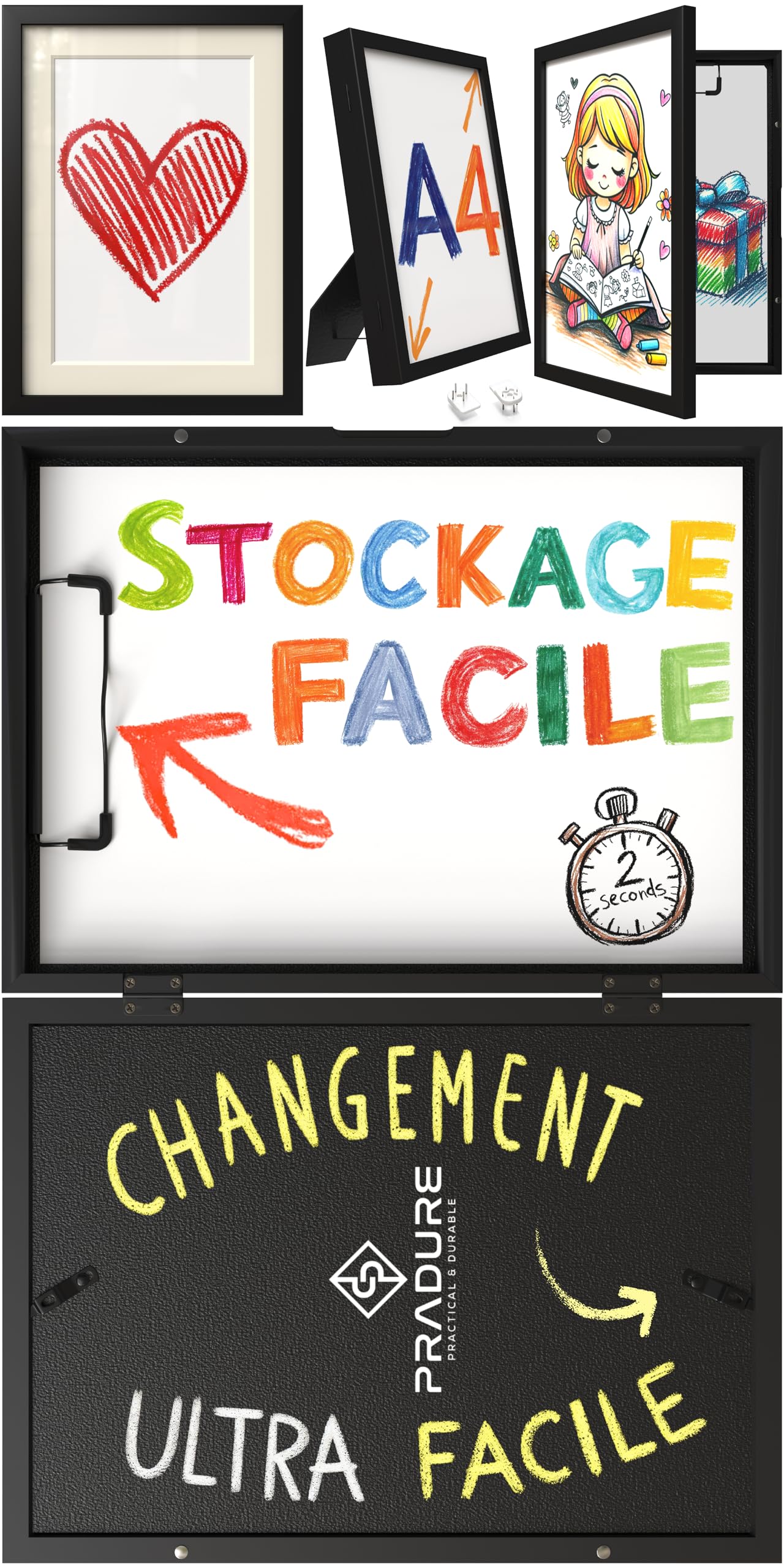 2Pcs Cadre Dessin Enfant à Changer A4 Noir Bois, Cadre pour Dessin Enfant, Rangement Dessins Enfants, Cadre à Dessin Interchangeable. Cadre Photo Dessin Enfant, Stockage Facile de 80 feuilles d'art.