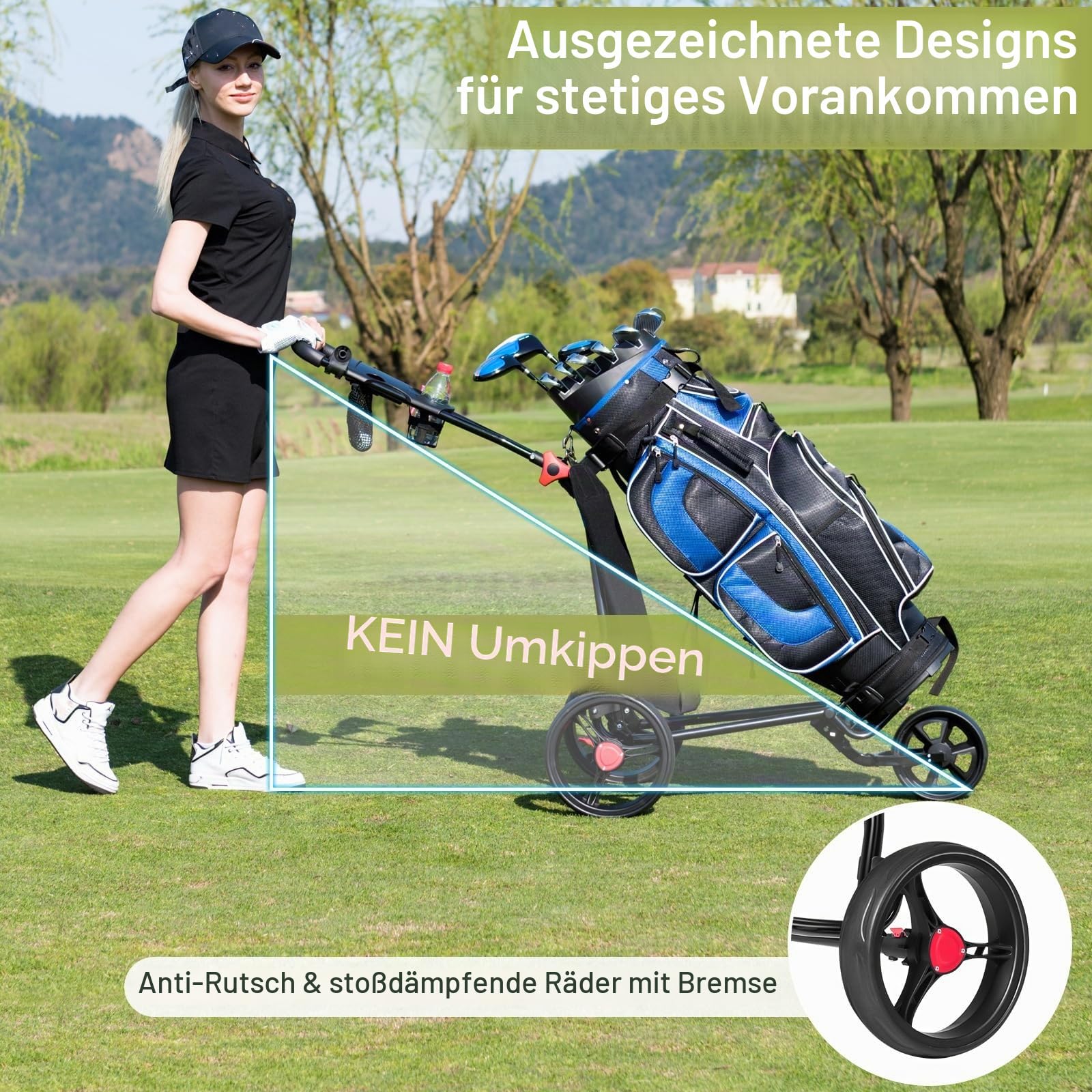 LIFEZEAL Faltbarer Golfwagen mit 3 Rädern, Golf Push Trolley mit verstellbarem Griff und Fußbremse, Golf-Caddy aus Eisen, Golftrolley mit Schirmständer, Schwarz