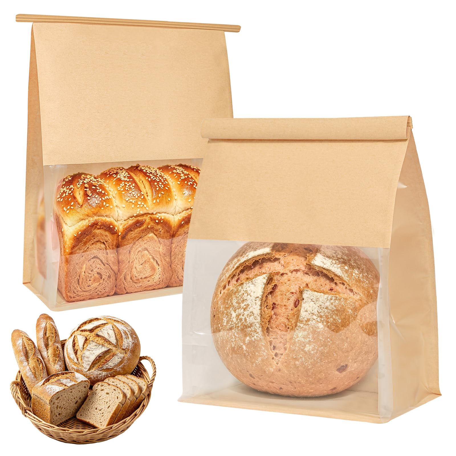 Funcoo 50 bolsas de pan con pestañas para pan casero de masa madre panadería bolsas de almacenamiento con ventana/corbatas, bolsa grande de pan de panadería para embalaje de productos horneados (11 x