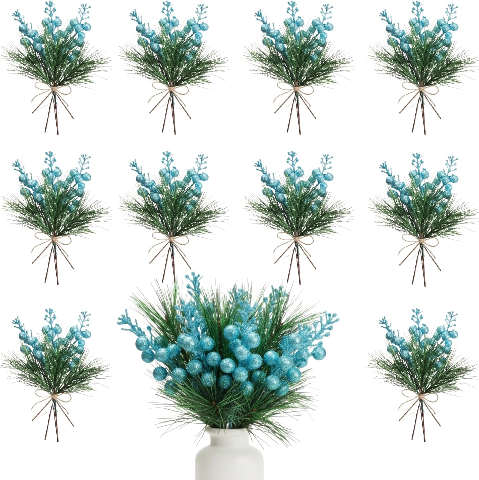 Geosar 24 Pieces Blue Christmas Artificial Greenery Pine Branches Small Holly Artificial Berries Picks Bulk for Crafts Wreath Decoration Xmas Tree Party Gift for Christmas Holiday Decor