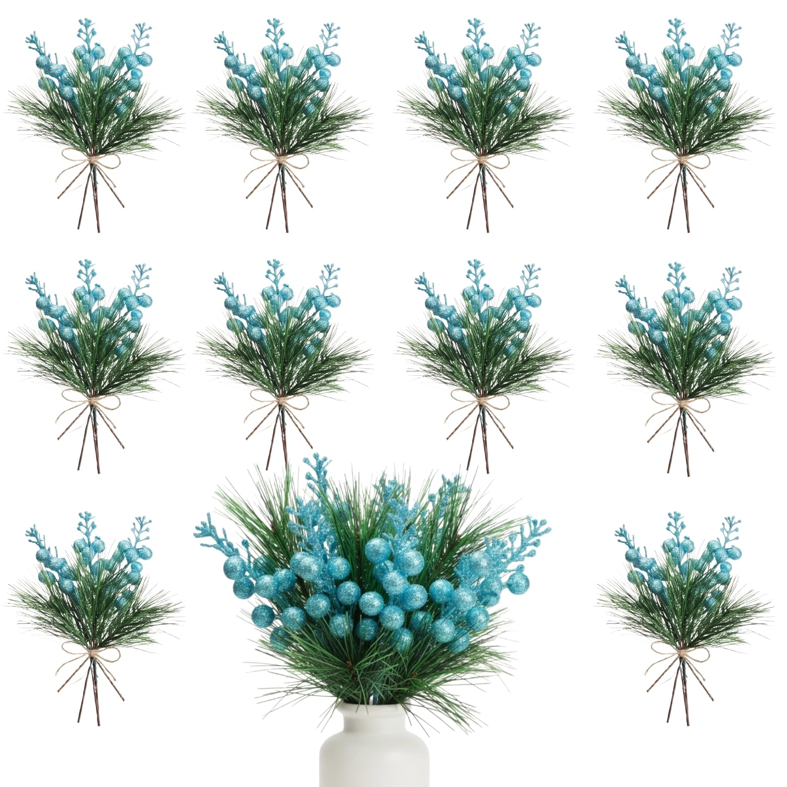 Geosar 24 Pieces Blue Christmas Artificial Greenery Pine Branches Small Holly Artificial Berries Picks Bulk for Crafts Wreath Decoration Xmas Tree Party Gift for Christmas Holiday Decor