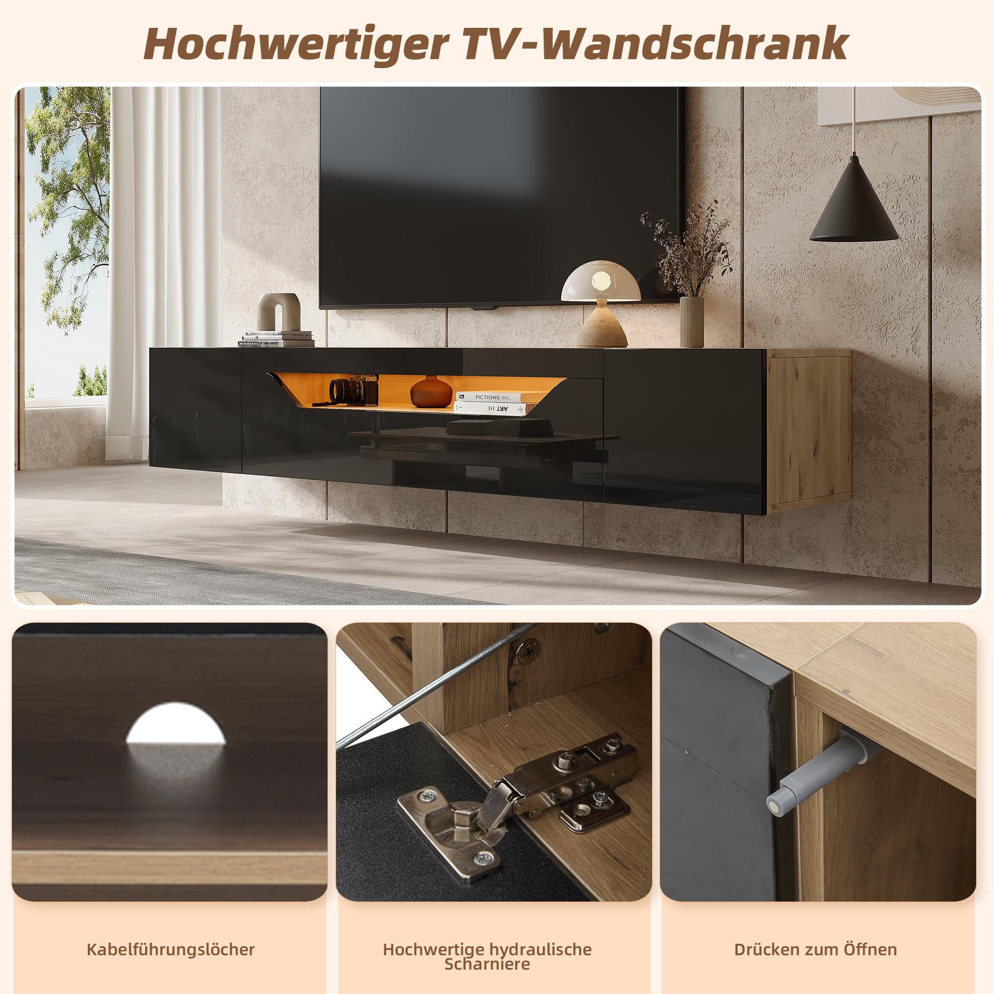 TV-Schrank 180 cm hängend mit LED für 75 Zoll, Schwarz-Holzoptik