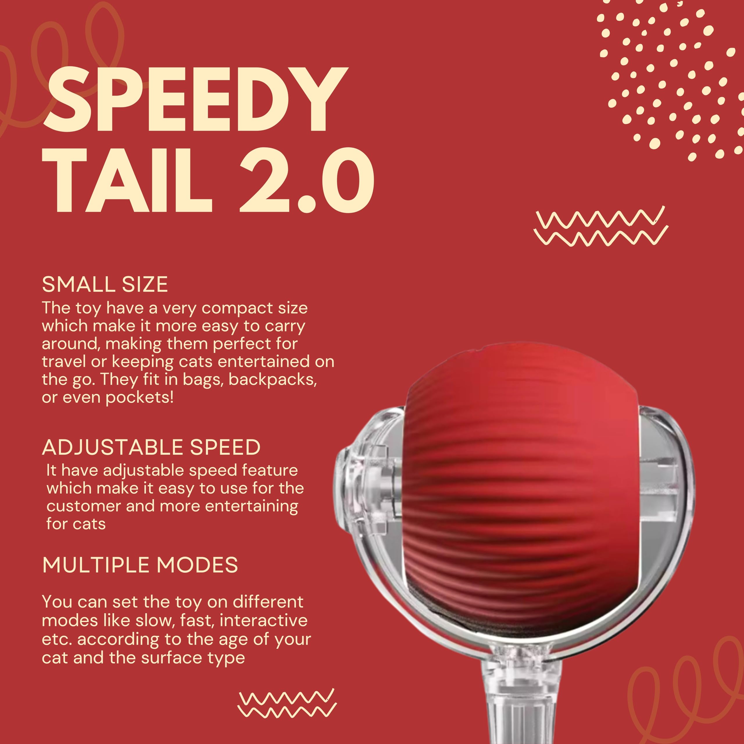 MARDYNUS Speedy Tail 2.0 Cat Toy, 360°Automatic Rolling Ball, Smart Interactive Cat Toy, Smart Jumping Ball for Dogs, Speedy Tail 3.0, Automatic Dog Walker (Red) 2