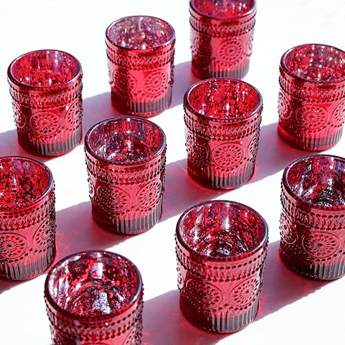Miniatura 4 de VOHO Juego de 12 portavelas de cristal de mercurio rojo, portavelas votivas bohemias de girasol rojo para centro de mesa, portavelas festivo para