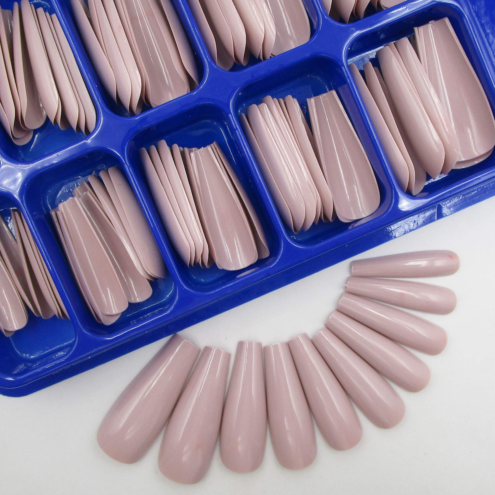 100pc Long Colored Coffin Press on Nail Artificial Coffin False Nails Ballerina Shaped Acrylic Nail Tips Manicure Fingernails Decr 10 Size for Women/Teens/Girls (Khaki)