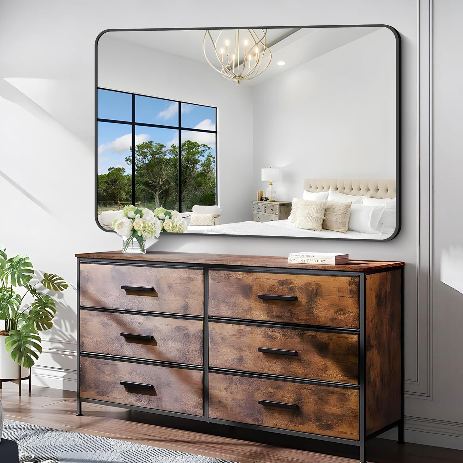 Bathroom Mirror, 55 x 36 inch Black Rectangle Wall Mirror, Metal Frame Rounded Corner Vanity Mirror, Large Wall Mounted Mirrors for Over Sink Bedroom Living Room Horizontal Or Vertical Mounting