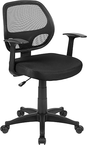 Flash Furniture Mallard - Silla de oficina giratoria de malla con respaldo medio con asiento acolchado y brazos en T, silla de escritorio acolchada