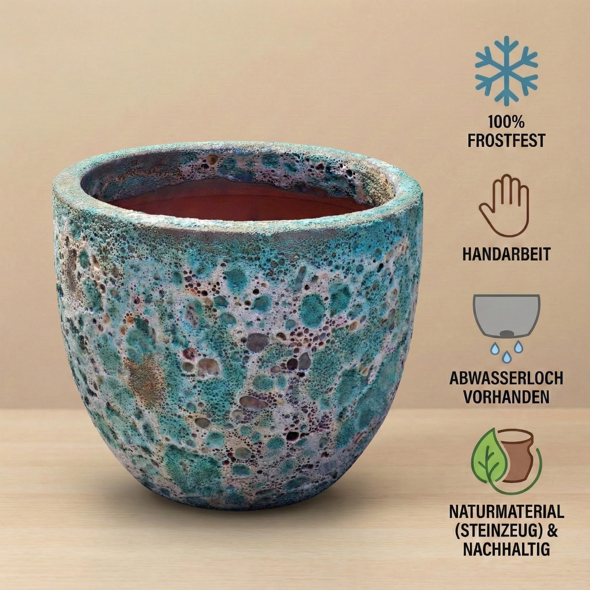 Teramico Donica na rośliny klasy premium, ceramiczna, glazurowana – 100% odporna na mróz i ręczne wykonanie. Donica na kwiaty z otworem do użytku na zewnątrz i wewnątrz. Wysokiej jakości ozdobna