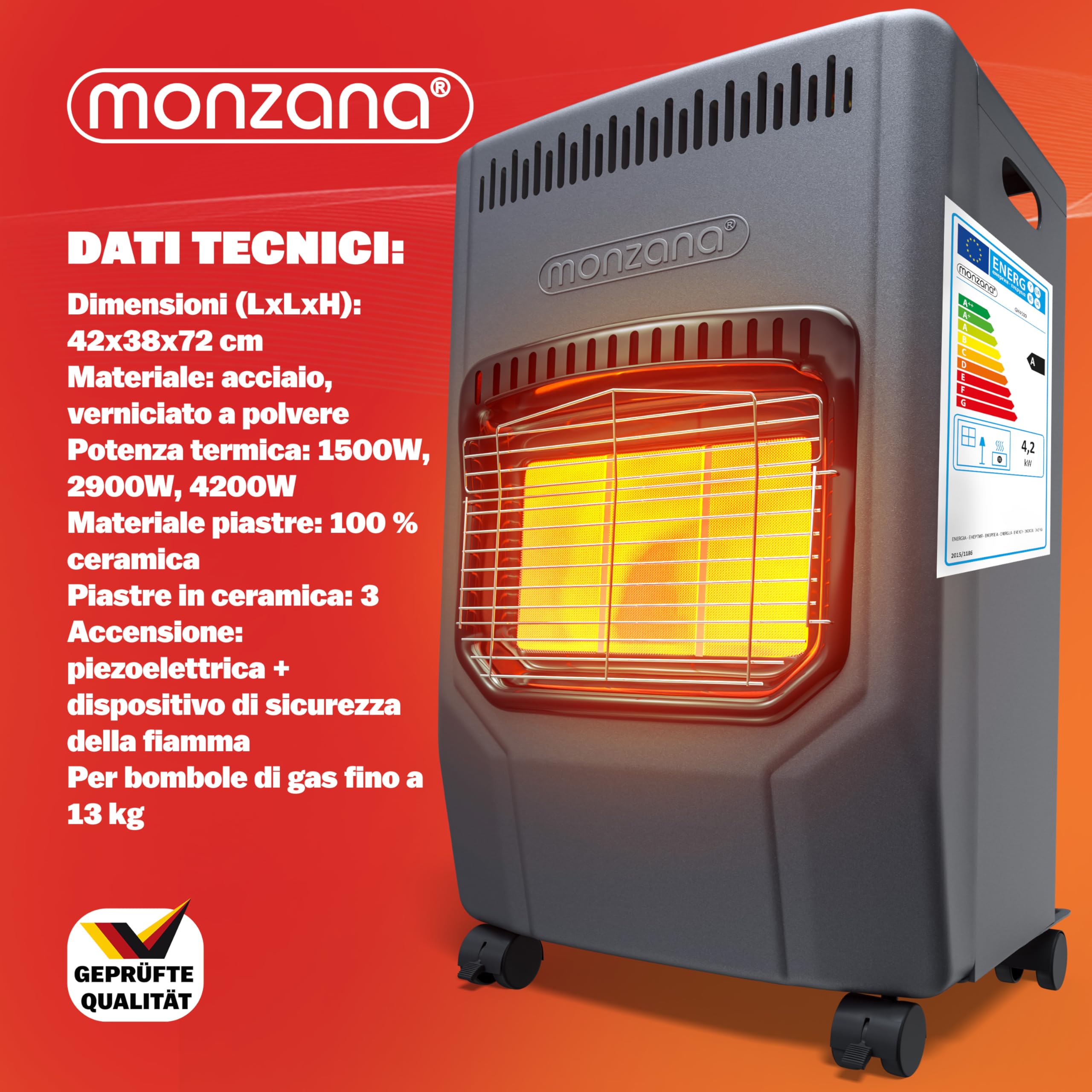 MONZANA® Stufa a Gas GH4500 Riscaldatore per Interni 4200 W 3 Impostazioni Accensione Piezoelettrica Antiribaltamento