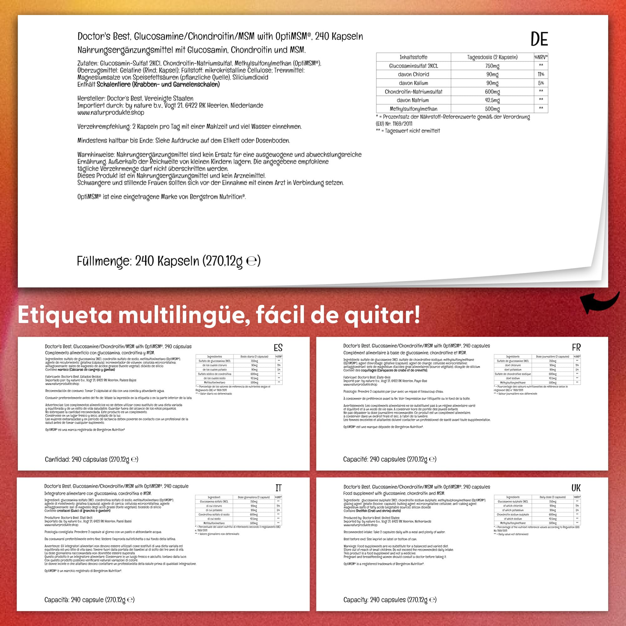 Doctor's Best, Glucosamina-Condroitina MSM, con OptiMSM, 240 Cápsulas, Probado en Laboratorio, Sin Soja, Sin Gluten, No GMO