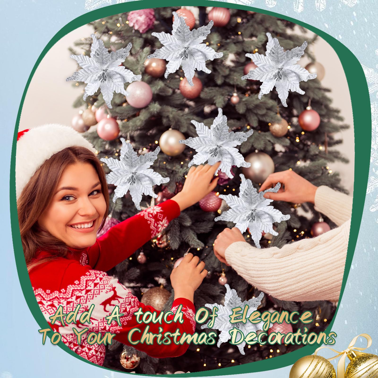12 Stück Weihnachtssterne aus Glitzerstoff, 25,4 cm, künstliche Weihnachtsblume mit Clips, großer Kopf, Weihnachtsbaumschmuck, künstliche Weihnachtsblume mit Stielen für Hochzeit, Party (weiß)
