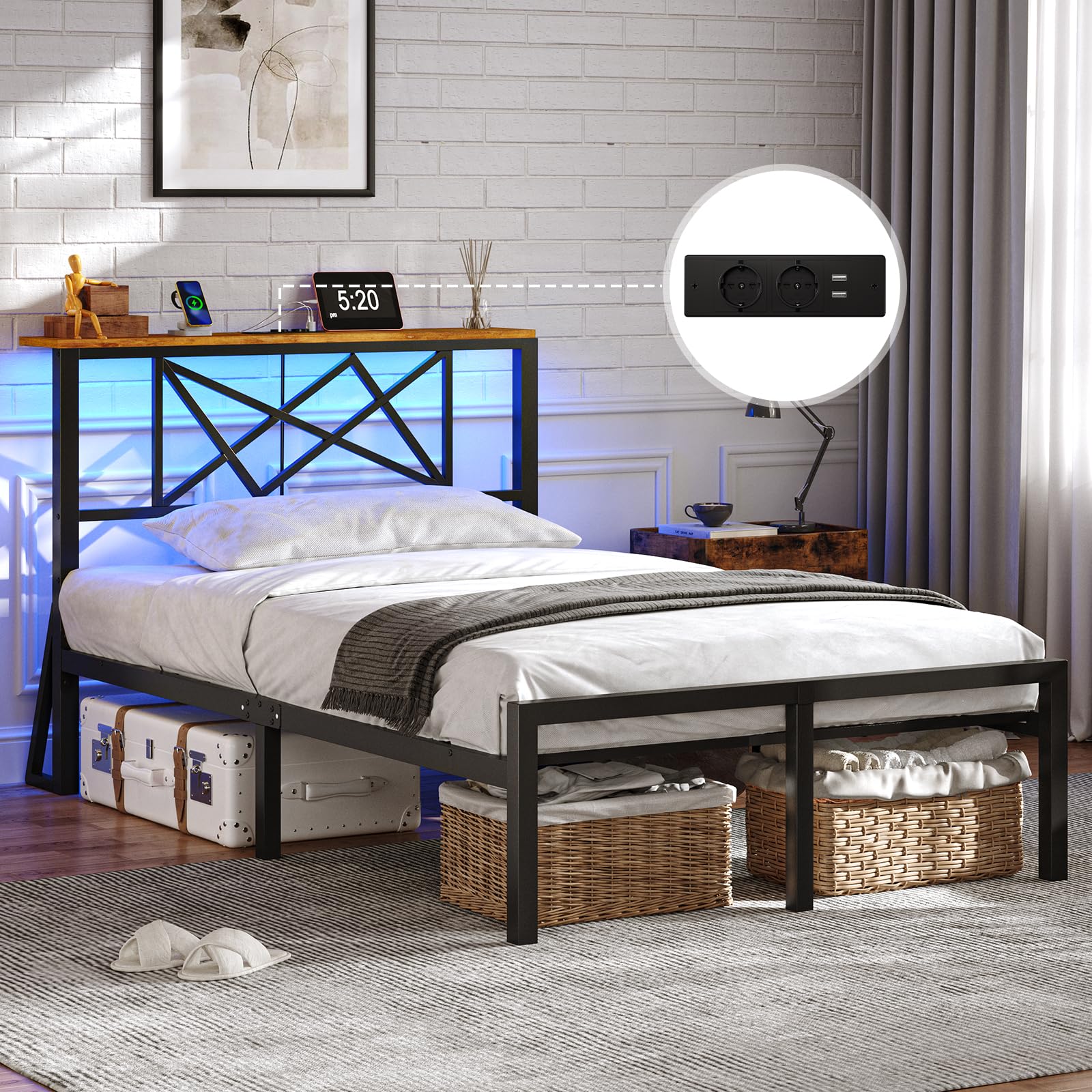 DICTAC Bettgestell 90x200 mit LED Beleuchtung, Bett 90x200 mit Steckdose und 2 USB, Einzelbett mit Holzkopfteil, Metallbett mit Lattenrost aus Metall, Bettrahmen mit Stauraum unter dem Bett, Höche 32