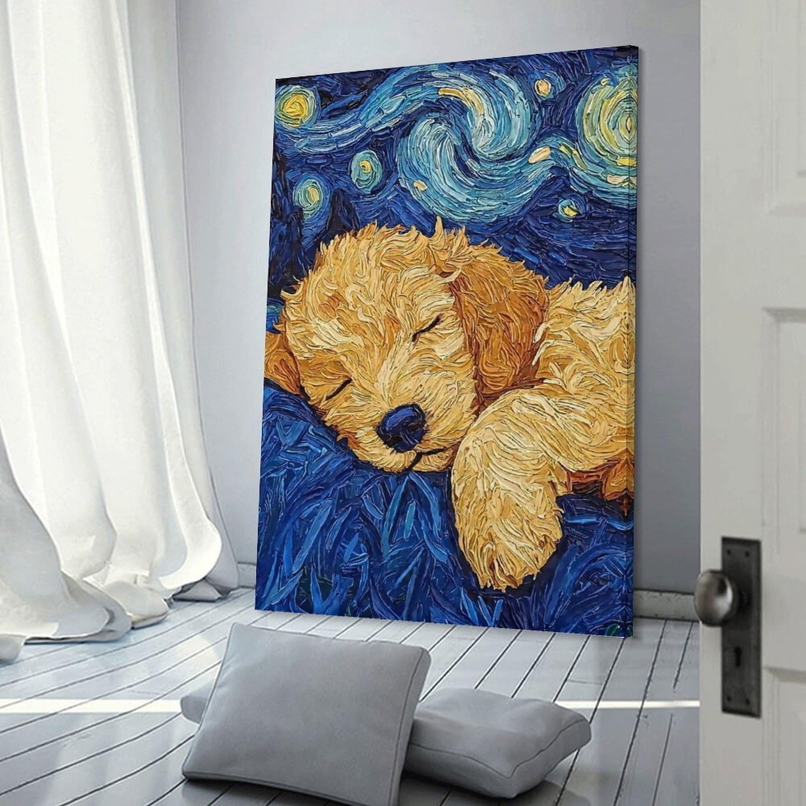 Junmoney Frame-Style-16 Puppys Starry Night Home Decor Wall Art 20X30inch(50X75cm), For Lounge, Study, Hallway Or Flat Walls, Stylish Home Artwork For Focal Walls