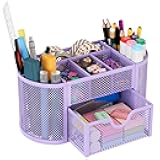 EasyPAG Mesh Pen Holder Desk Organizer with Drawer Stationery Supplies Organizer for Dorm School 9 Compartments Workspace Desk Accessories Organization for Office (Light Purple)