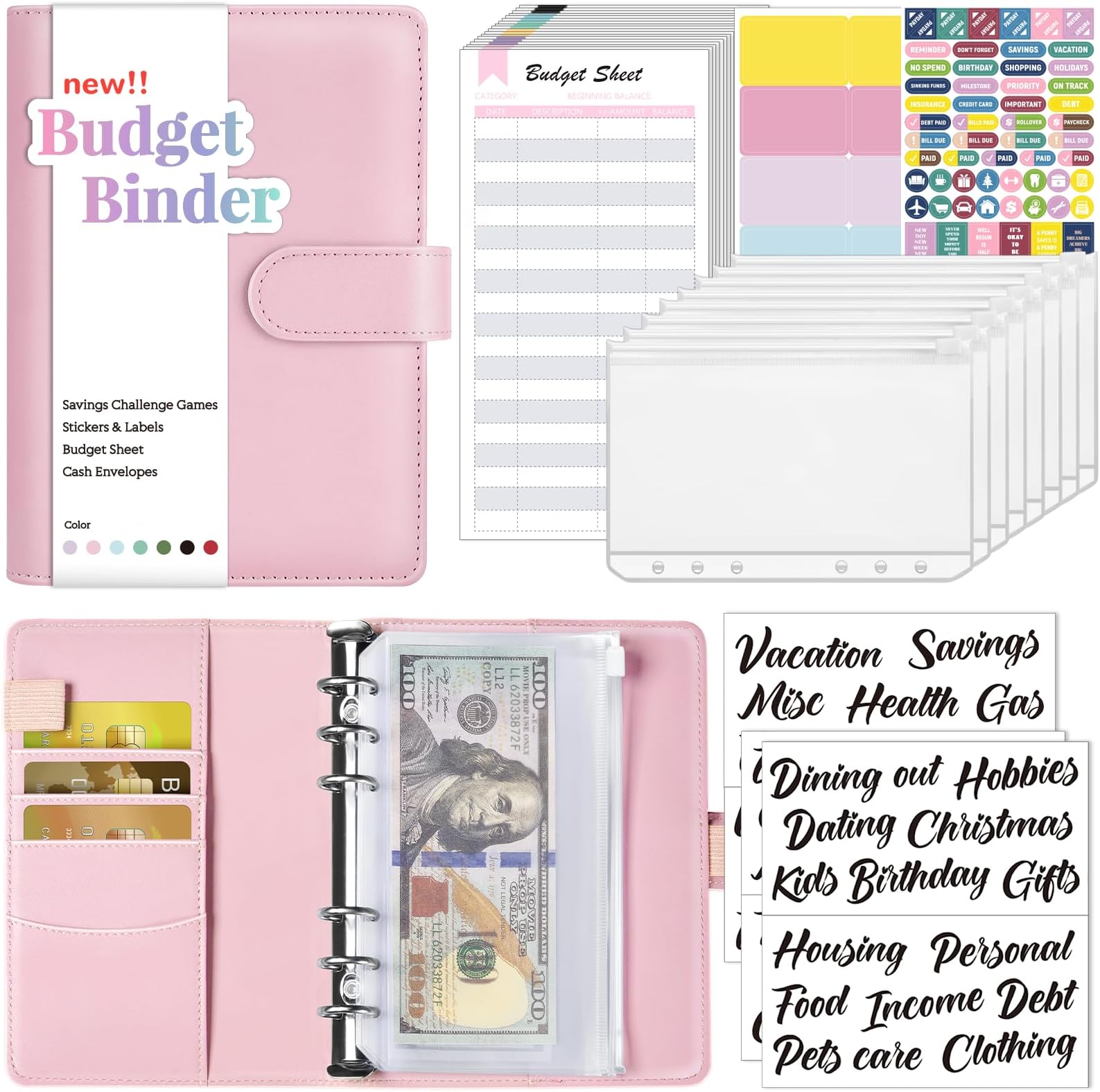 Sooez Budget Binder with Money Saving Challenge, Money Saving Binder with Cash Envelopes, Expense Sheets, Challenge Tracker & Category Labels, Envelope Savings Challenges Book for Home Office School