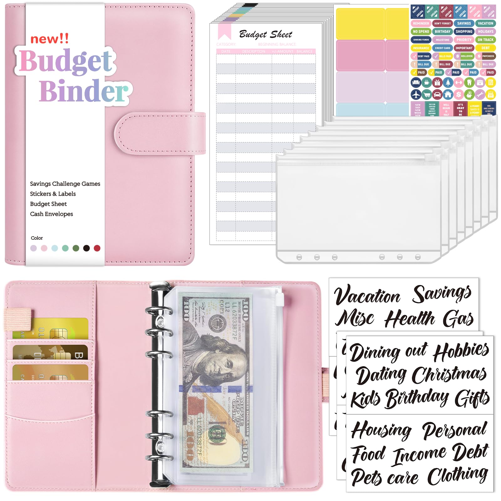 Sooez Budget Binder With Money Saving Challenge, Cash Envelopes, Expense Sheets, Tracker & Category Labels, Envelope Savings Book for Home Office School