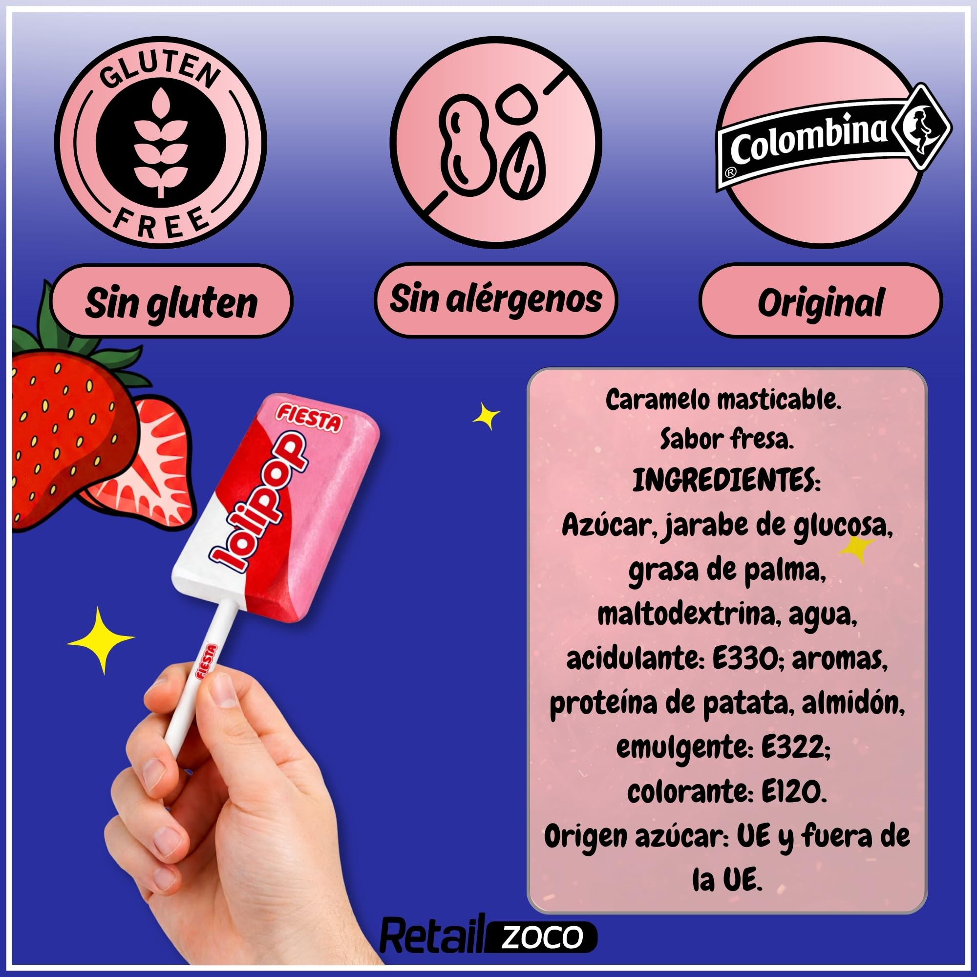 Lolipop sabor fresa, Caramelo Masticable con Palo, Apto para veganos, sin gluten, sin huevo y sin lactosa es completamente apto para celíacos, Contiene 1 caja con 200 unidades
