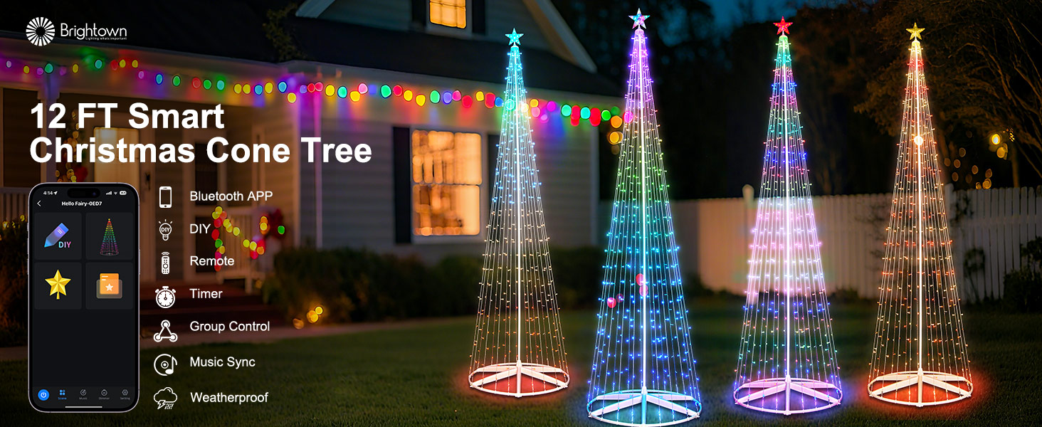 Smart Christmas Cone Tree LED Light, 6ft 265 LED Music Sync With Remote ...