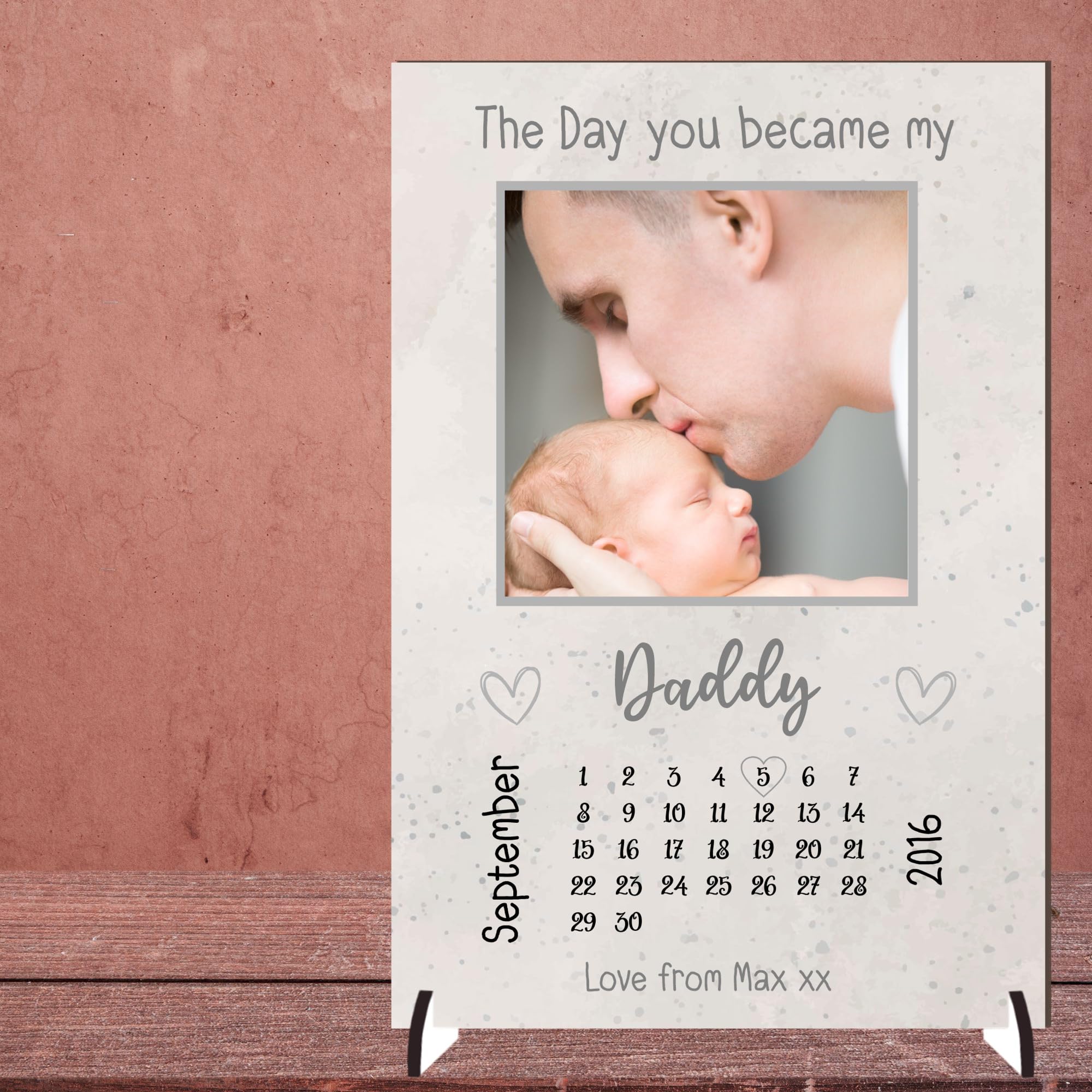 Personalised Family Plaque for Dads with Own Photo - The Day You Became My Daddy Design with Calendar & Hearts for Father’s Day & Birthdays (Grey, MDF Wood - A5-21cm x 15cm)