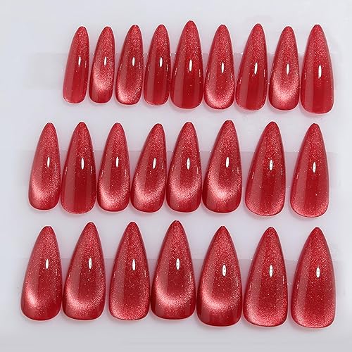 Miniatura 113 de Uñas postizas rojas a presión, uñas postizas medianas de almendra, uñas acrílicas brillantes, uñas postizas de cobertura completa con diseño