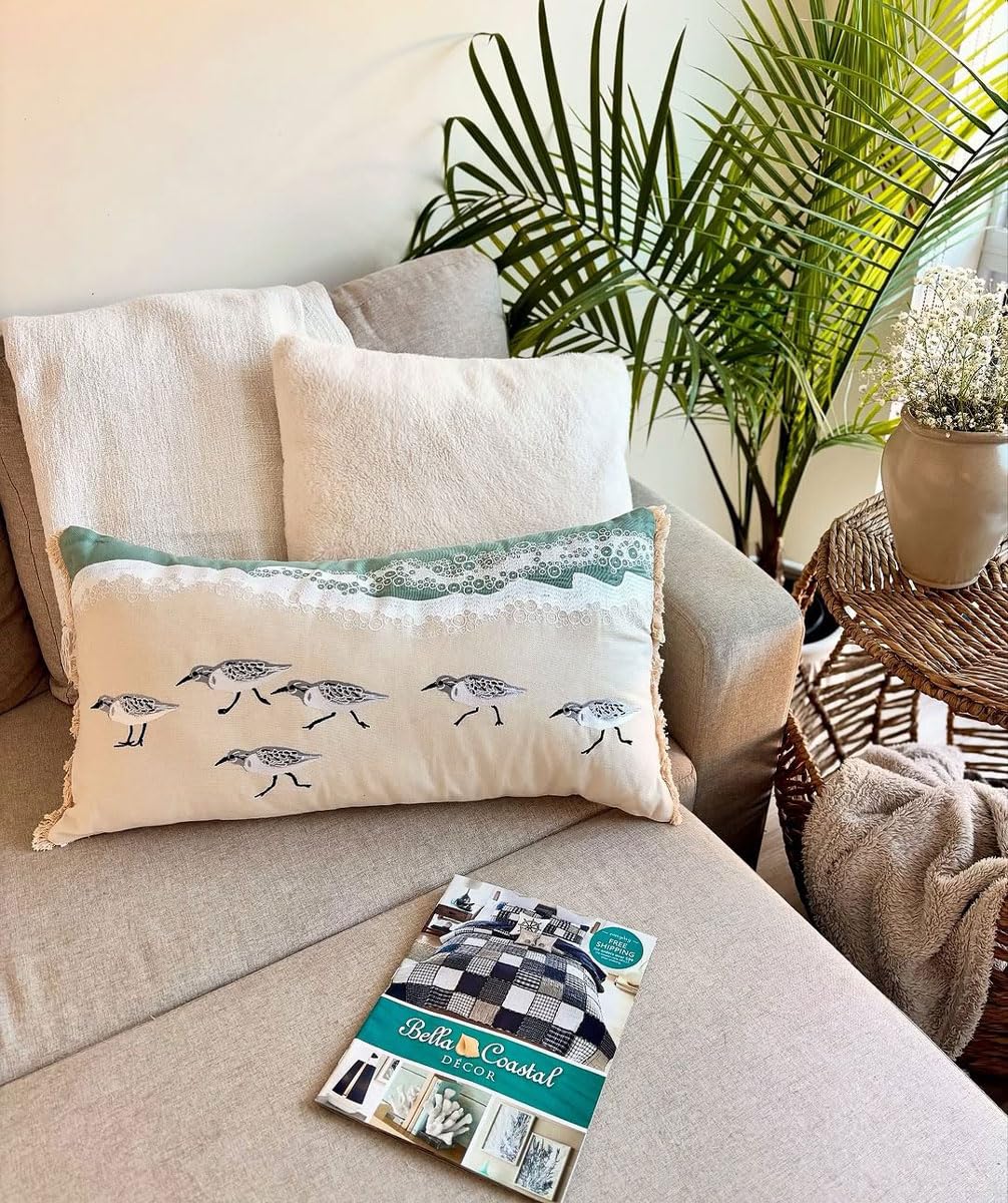 Black Forest Décor Beach Sandpipers Lumbar Pillow – Coastal Embroidered Accent – 26