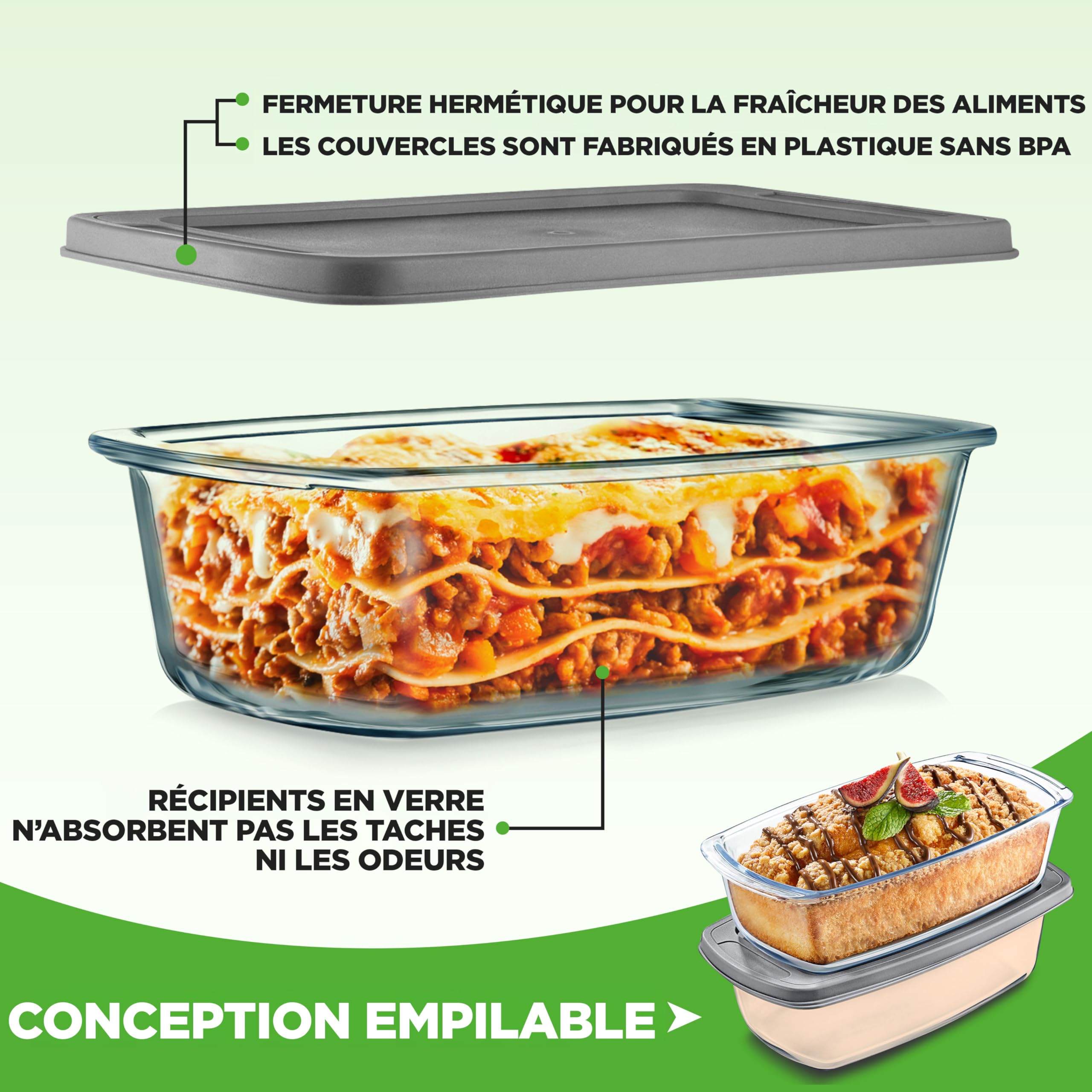Nutrichef – Lot de 2 Moules à Cake/Moules à Pain en Verre avec Couvercles Hermétiques – Environ 1,8 L par Moule – Récipients en Verre Sans BPA, Empilables, Compatibles Four et Congélateur
