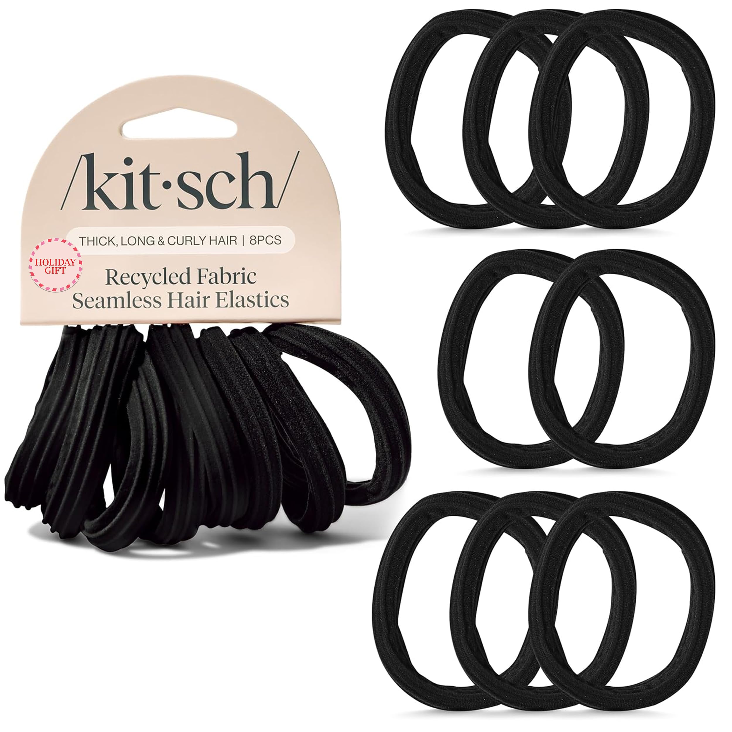 Kitsch Hair Ties No Damage - Strong, Stretchy Hair Bands | Soft Nylon Ponytail Holders, Snag-Free Rubber Bands, Perfect for Updos & Braids | Ideal Gifts for Women - Black, 8pcs
