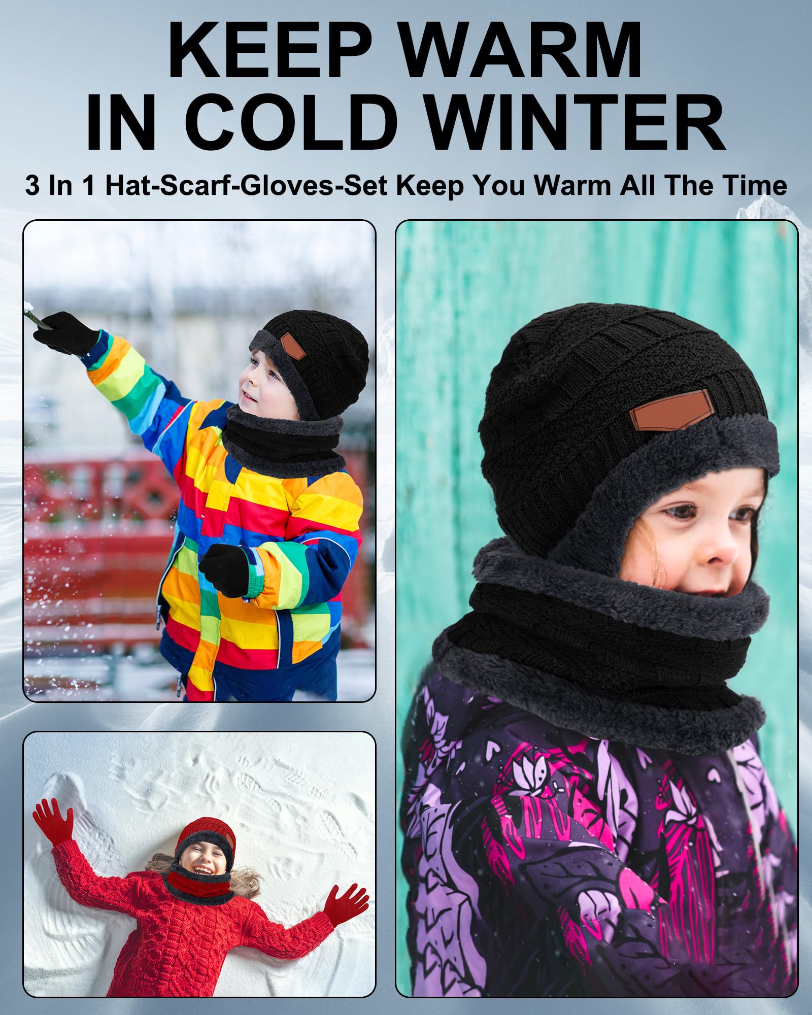 Toulite Ensemble de 45 pièces pour enfants avec bonnet, gants et écharpes, doublure en polaire chaude, bonnet, moufles et cache-cou pour garçons et filles