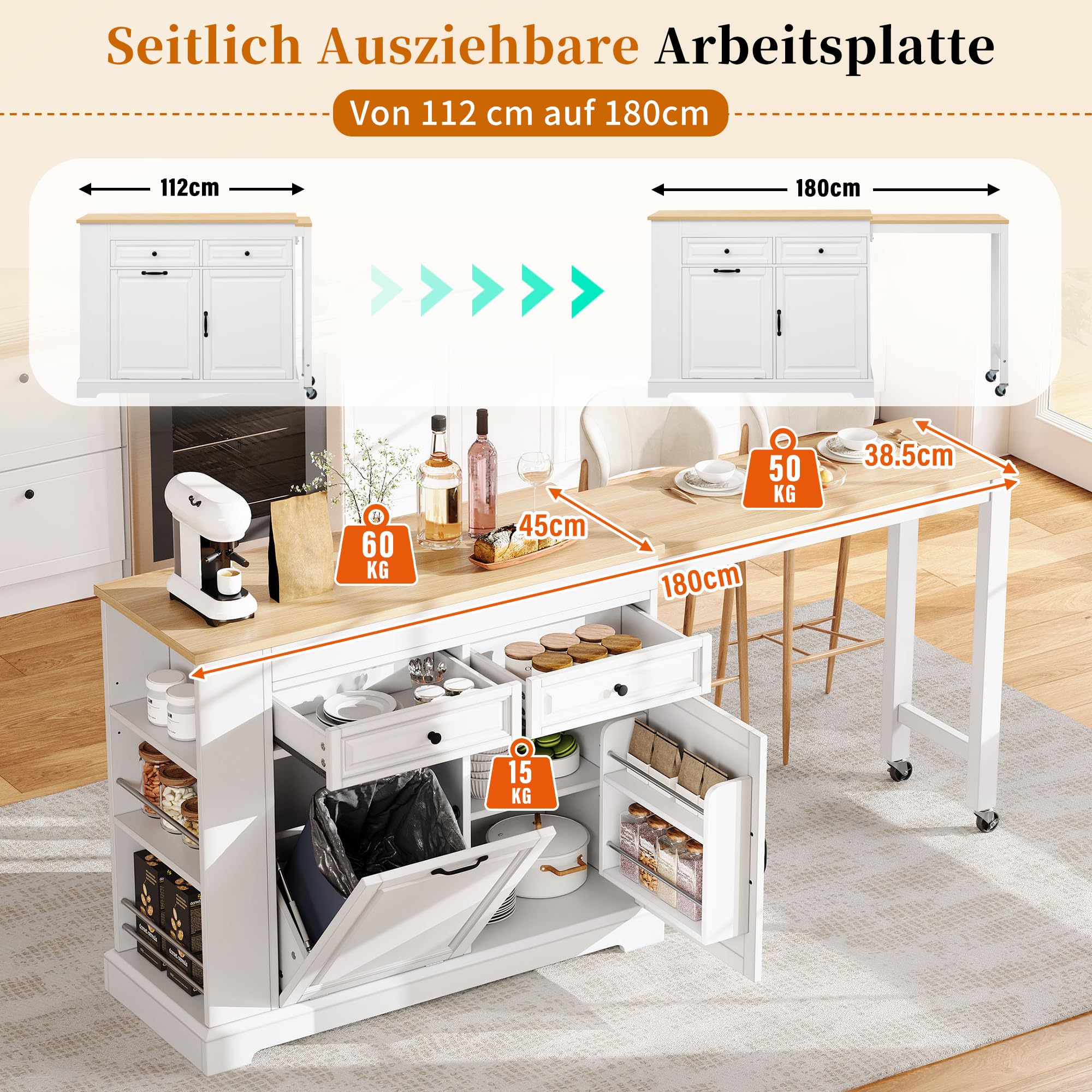 Isola da cucina mobile su ruote, con piano di lavoro estraibile (112-180 cm), vano pattumiera, cassetti, scaffale, bianco