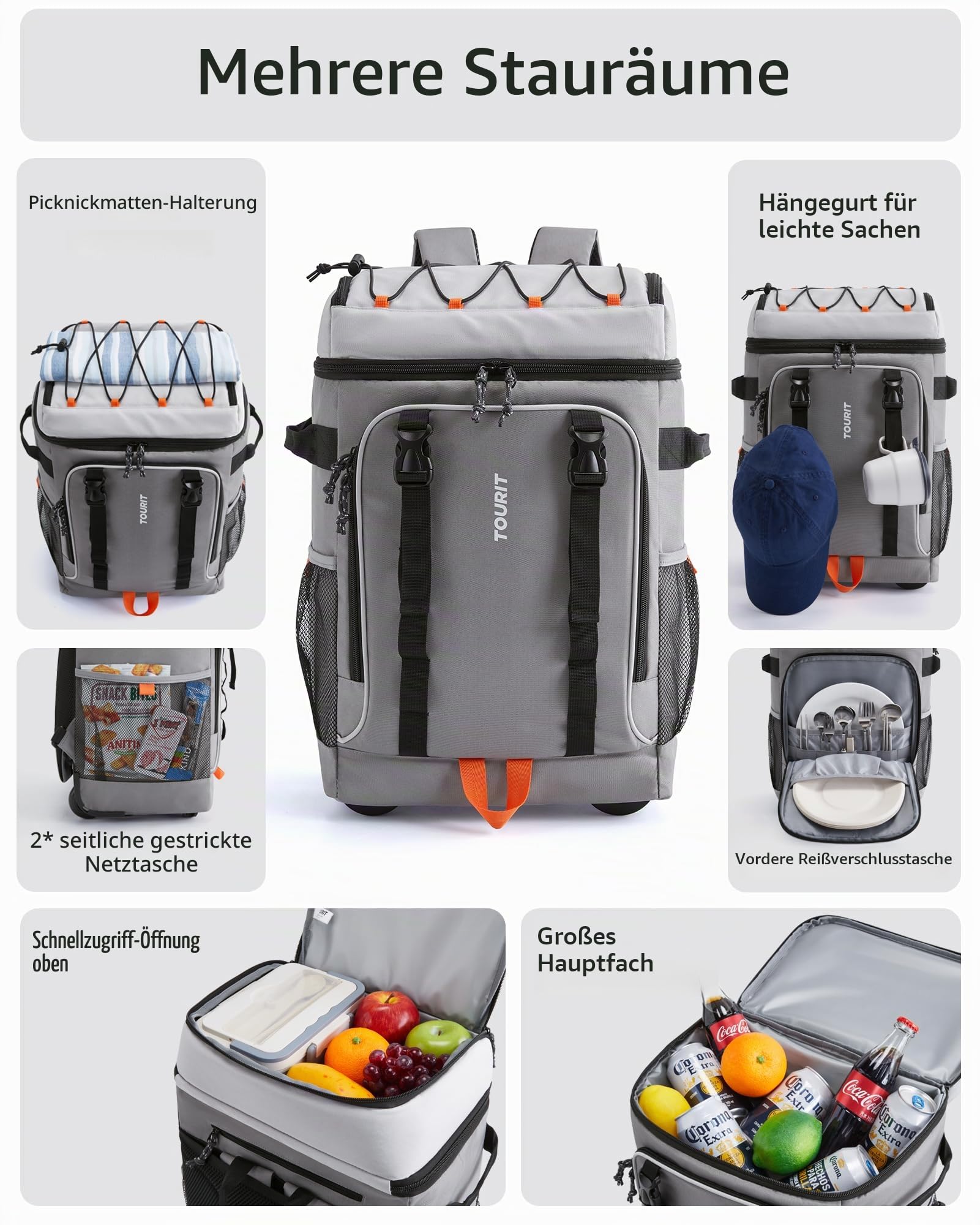 TOURIT Kühlrucksack 30l 50 Dosen Groß Kühlrucksack mit Rollen für Reisen