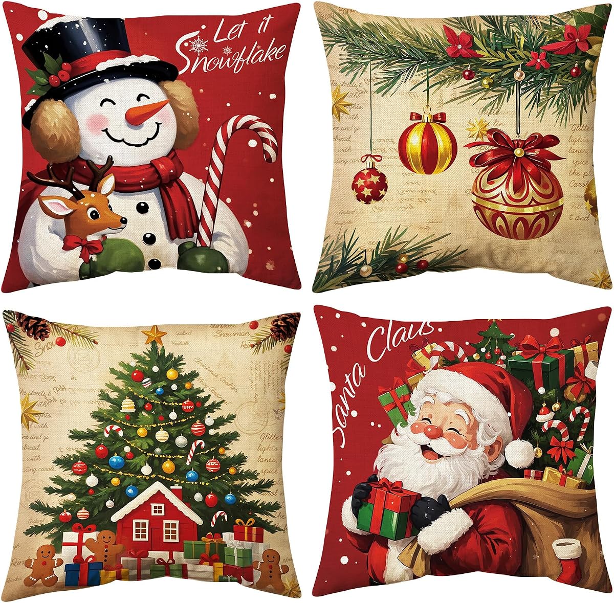 Juego de 4 fundas de almohada navideñas de 18.0 x 18.0 in, fundas de cojín con decoraciones navideñas, fundas de almohada navideñas, fundas de almohada para sofá, decoración del hogar