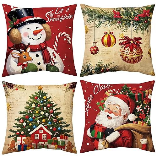 UPOFFICIS Christmas Pillow Covers 18x18 inch Set of 4, Christmas Decorations Cushion Covers, Xmas Pillow Covers, Pillowcases Throw Pillow Covers for Sofa Couch Home Decor