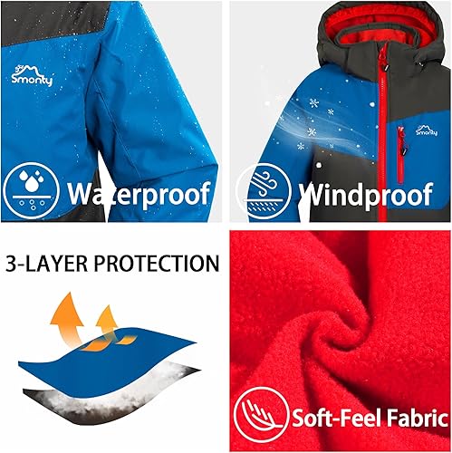Miniatura 3 de SMONTY Chaqueta de esquí para niños, abrigo con capucha para nieve, chaqueta cálida de invierno, rompevientos, para snowboard, con capucha