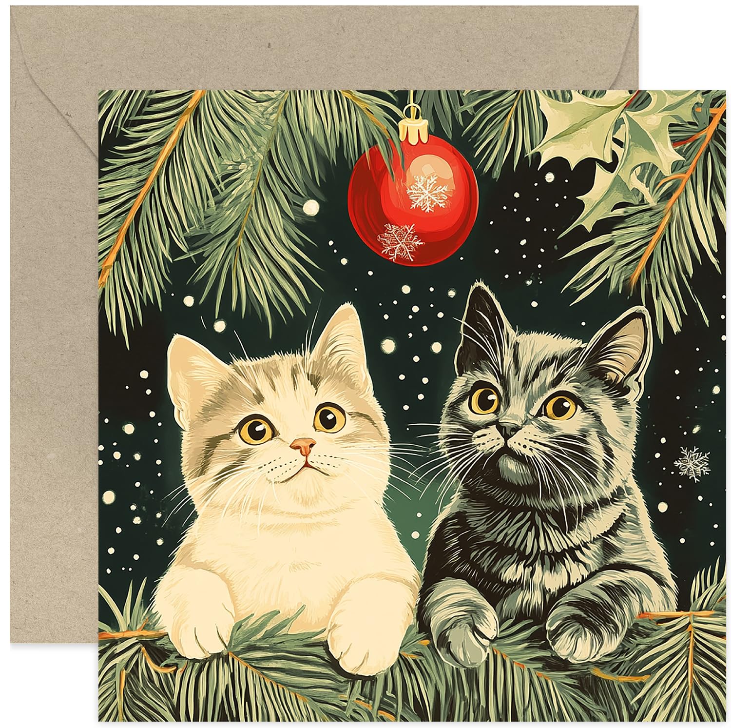 Cat Christmas Greeting Cards - Christmas Tree Bauble Cat Design Blank Cards 150x150mm