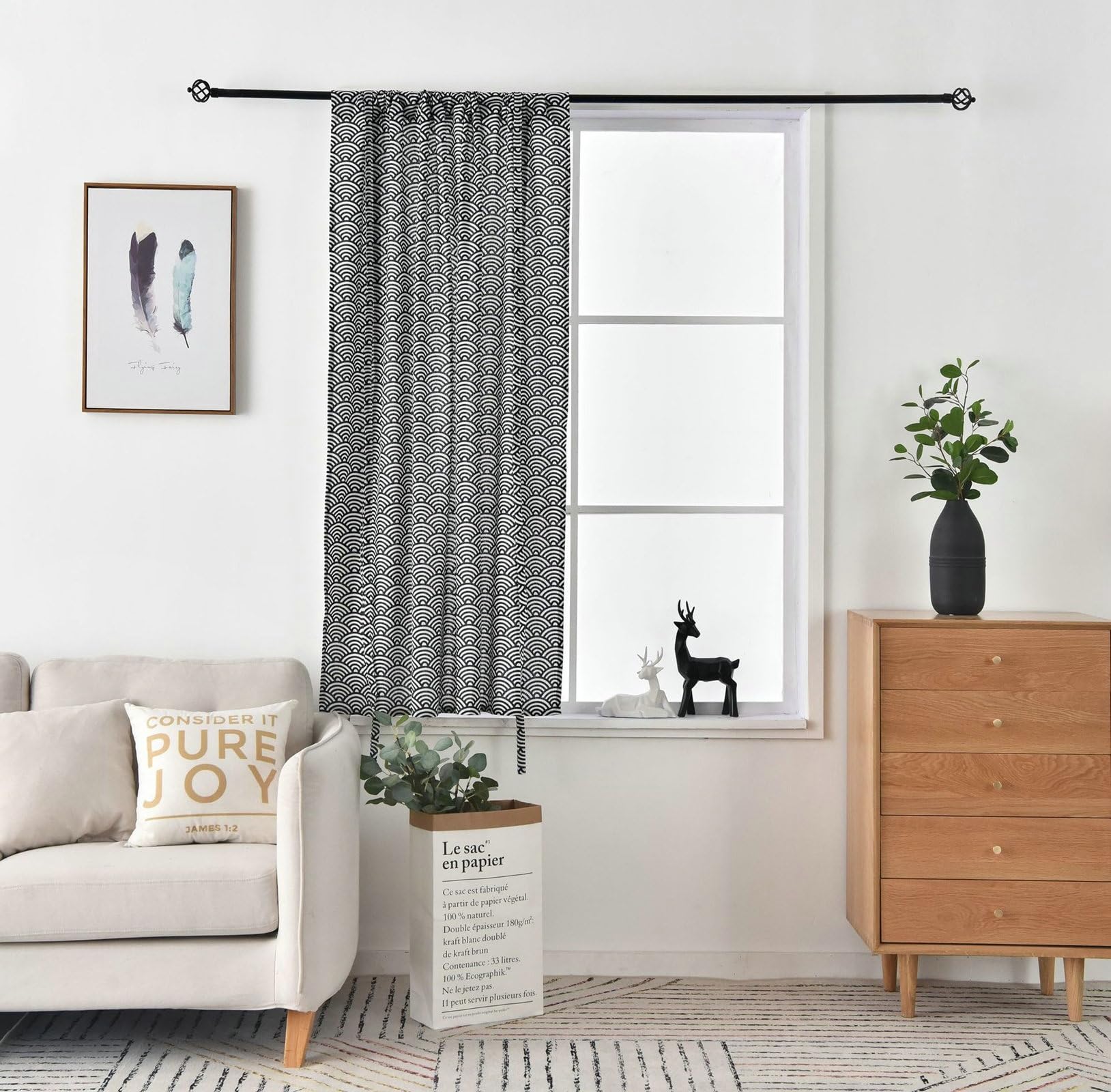 Verdunkelungsvorhänge Schwarz Beige 2er Set, Vorhänge Blickdicht Stangendurchzug 117x160CM Bedruckt mit Wellen Motiv Wohnzimmer Schlafzimmer Gardinen und Vorhänge