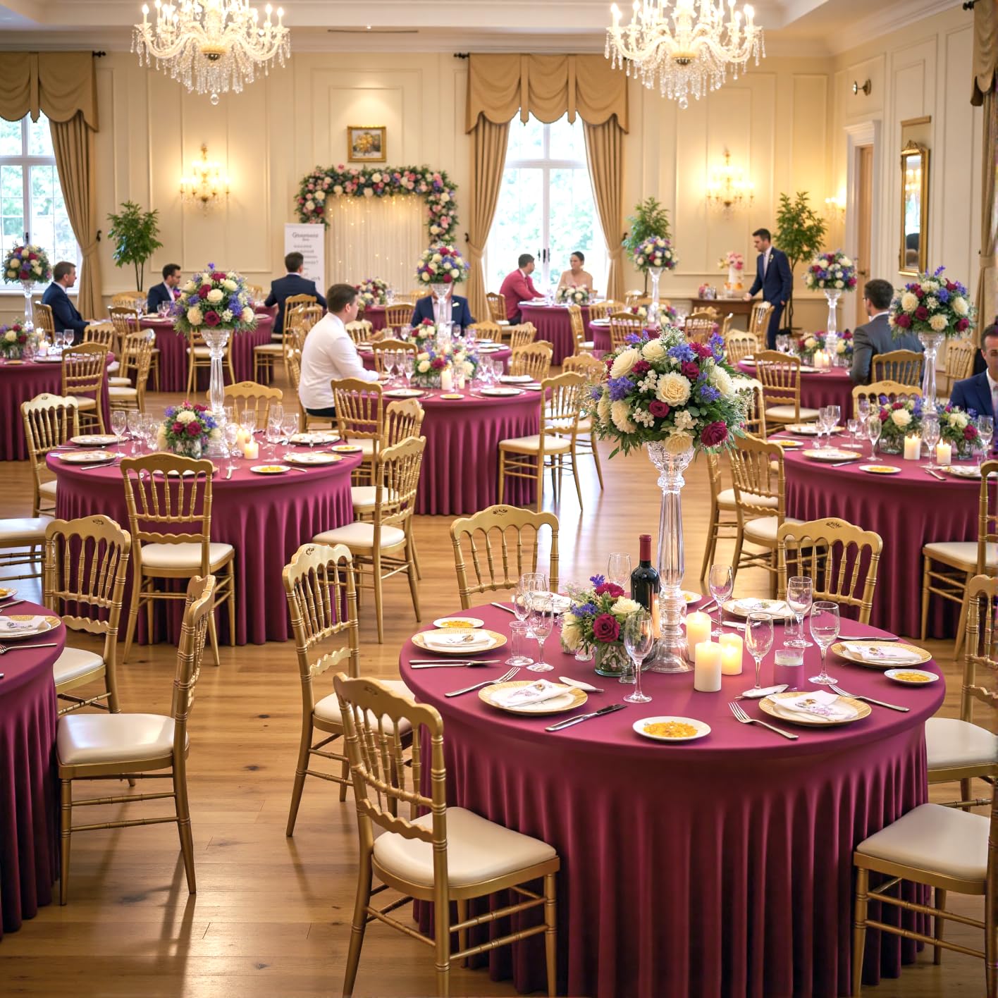 leegleri 6 Pack Burgundy 60inch Spandex Round Tablecloths, Stretchy 120inch Fitted 5FT Round Table Cloths, Wrinkle Free Table Cover with Skirt for