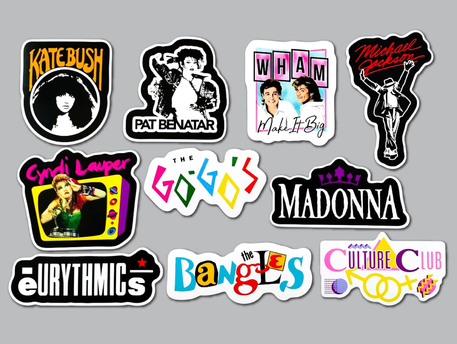 80's Pop Vinyl Sticker Pack (10 Stickers) Set 1 Retro 80s pop Music Icons Vinyl Decal Dance New Wave Fashion Aesthetic Vibrant Colorful Band Logo Waterproof air Release Design Vintage Punk Style